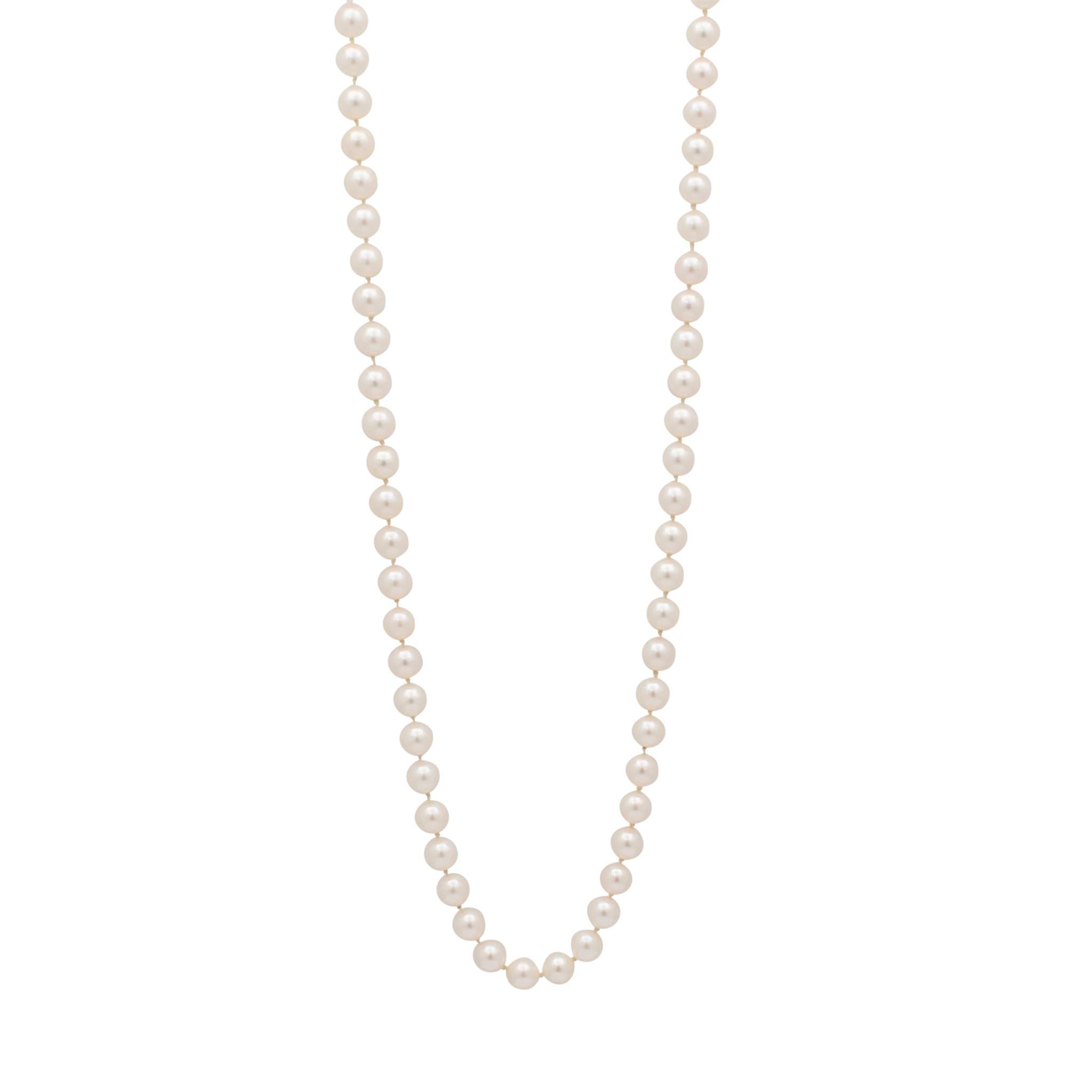 Brand: Mikimoto

Metal Type: 18K Yellow Gold

Length: 25.00 inches

Diameter: 6.50 mm

Weight: 36.22 grams

One knotted single-strand matinee uniform Mikimoto pearl necklace. Engraved with 