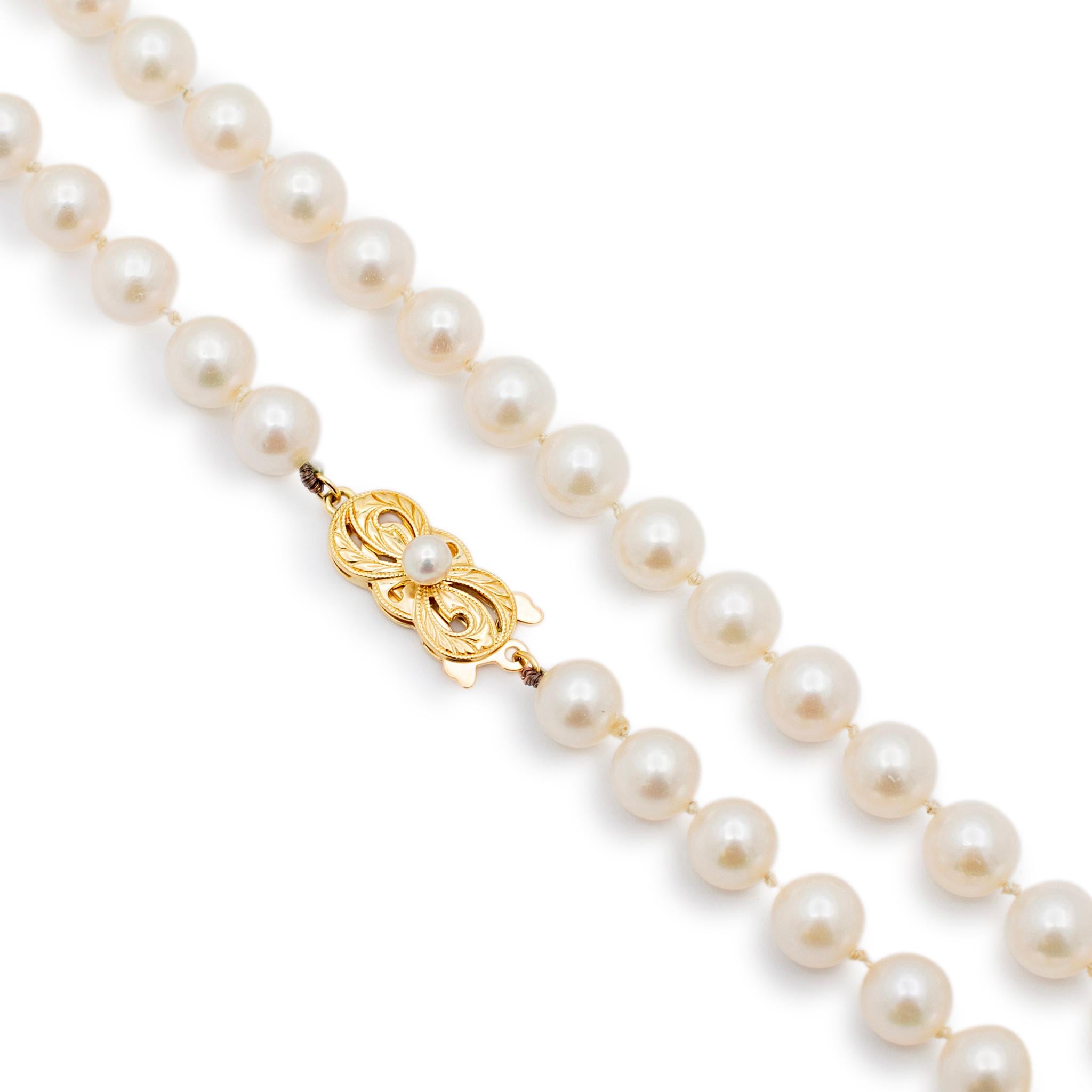 Round Cut Mikimoto Akoya Cultured Pearl Strand Bead Chain Necklace - 18K Yellow Gold Clasp For Sale