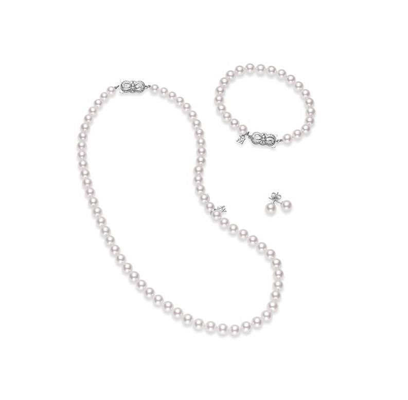 Mikimoto Akoya Cultured Pearl Three Piece Set with 18K White Gold Clasp. 
This 18 inch Akoya cultured pearl strand features 7x6mm Akoya cultured pearls with a MIKIMOTO signature clasp in 18K white gold. Together with the matching 7mm A1 quality