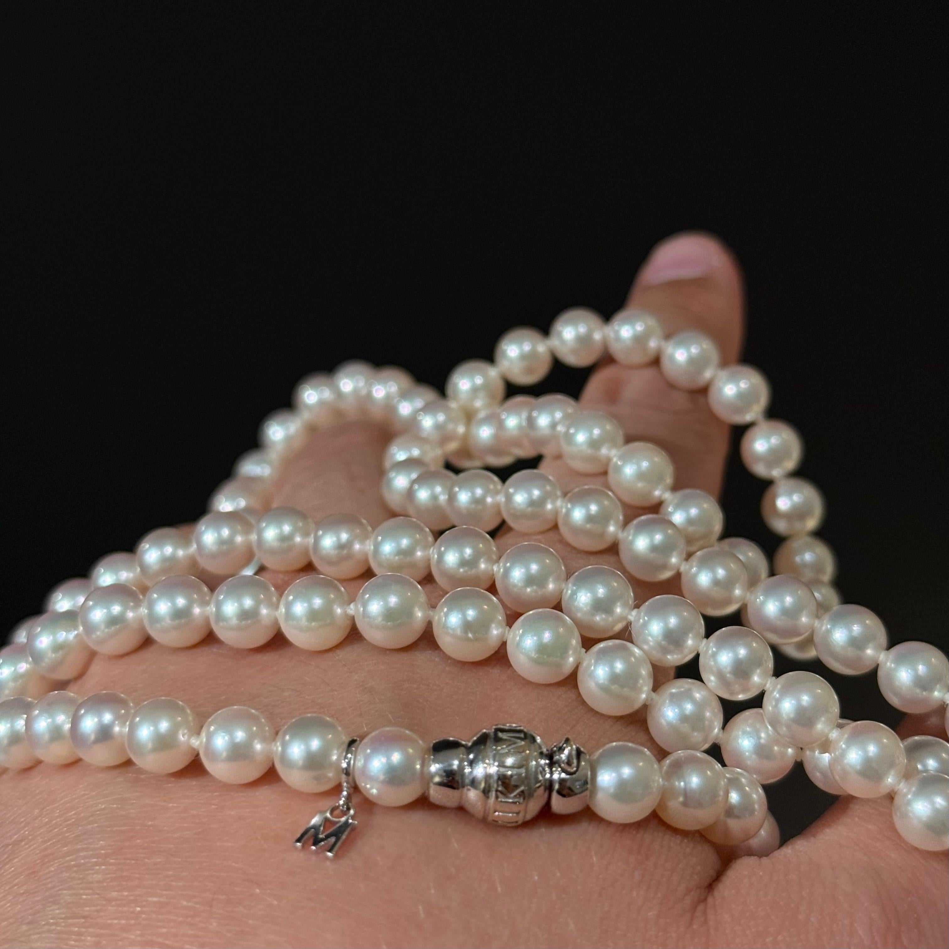 Women's or Men's Mikimoto Akoya Japanese Round Pearl Rope Necklace White Gold Clasp For Sale