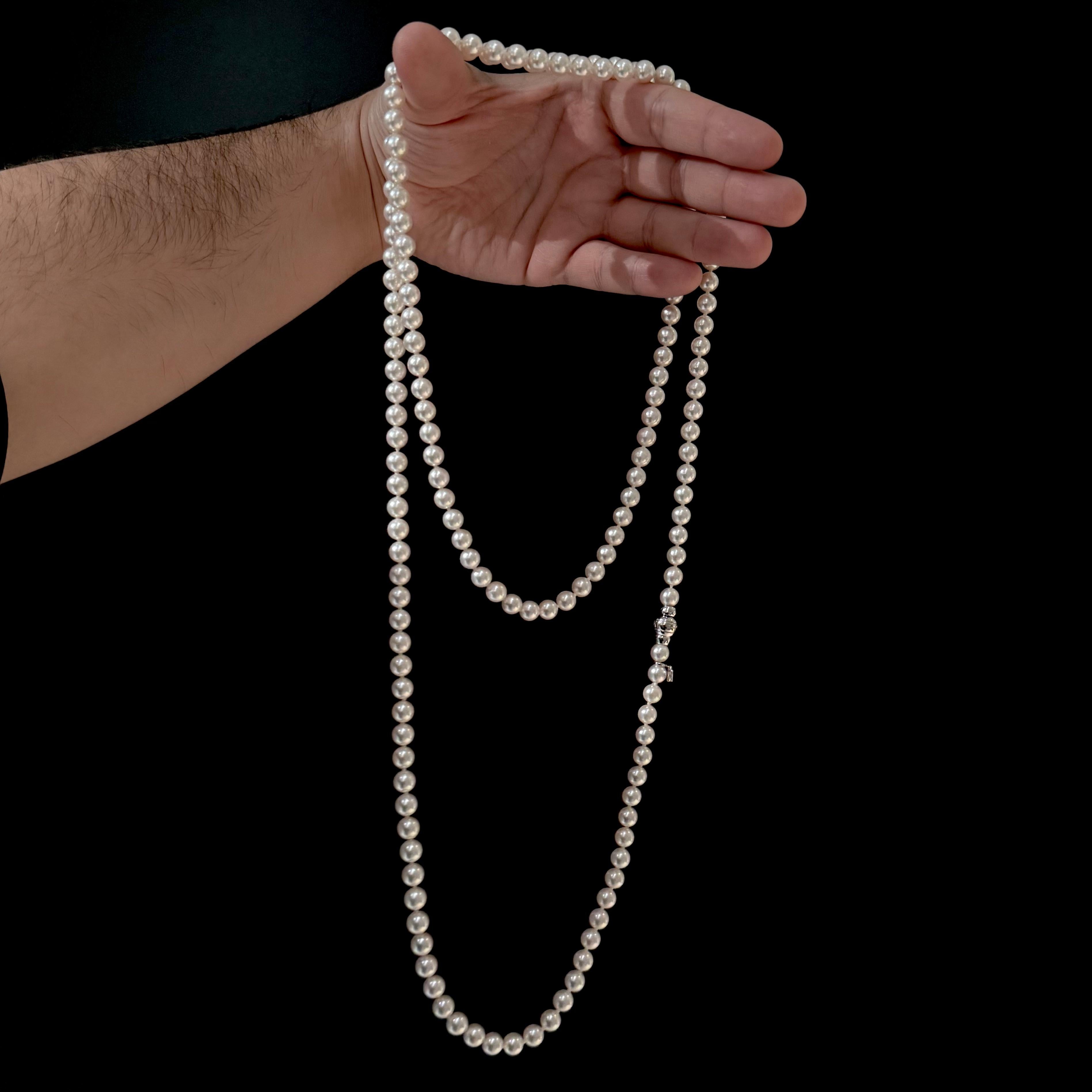 Mikimoto Akoya Japanese Round Pearl Rope Necklace White Gold Clasp For Sale 1