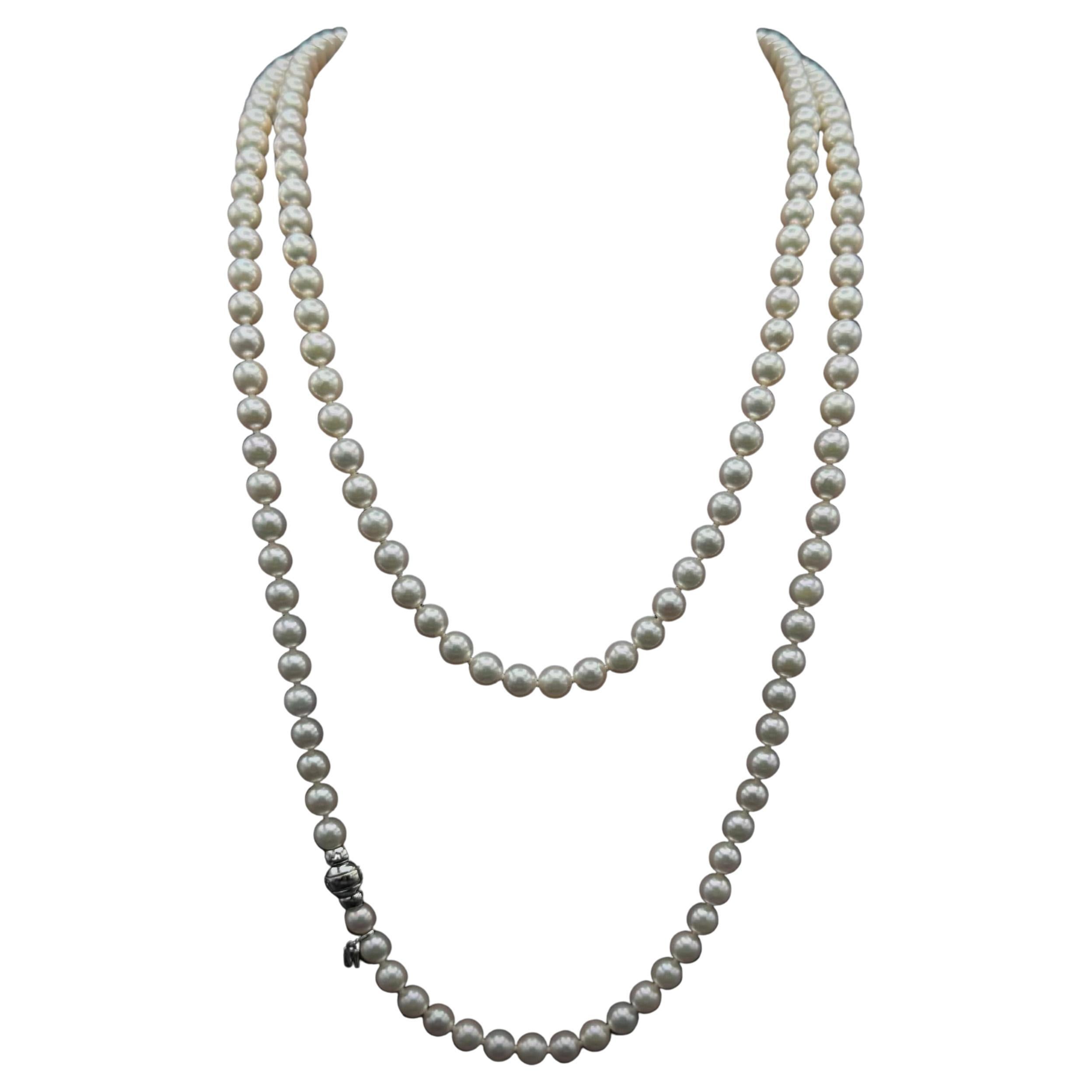 Mikimoto Akoya Japanese Round Pearl Rope Necklace White Gold Clasp For Sale