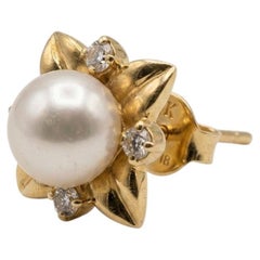Mikimoto Akoya Pearl and Diamond 18k Yellow Gold Floral Stud Earrings