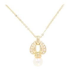 Mikimoto Akoya Pearl and Diamond Pendant Necklace, 18 Karat Yellow Gold