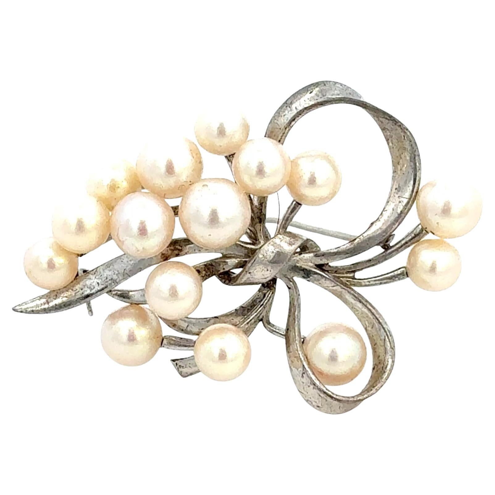 Mikimoto Akoya Pearl Brooch 7.2 mm Sterling Silver Estate