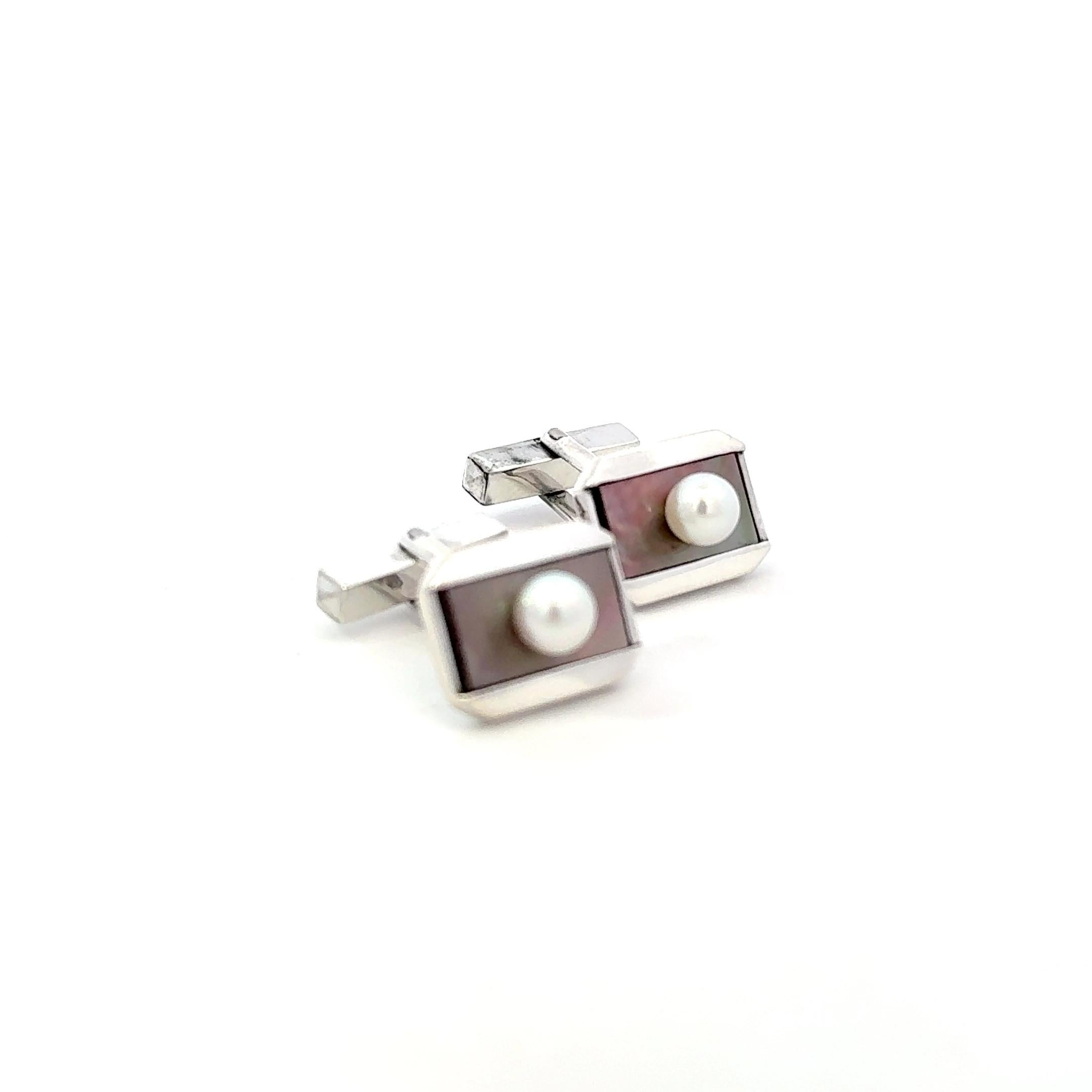 Taille ronde Mikimoto Akoya Boutons de manchette en argent sterling de 6 mm en vente