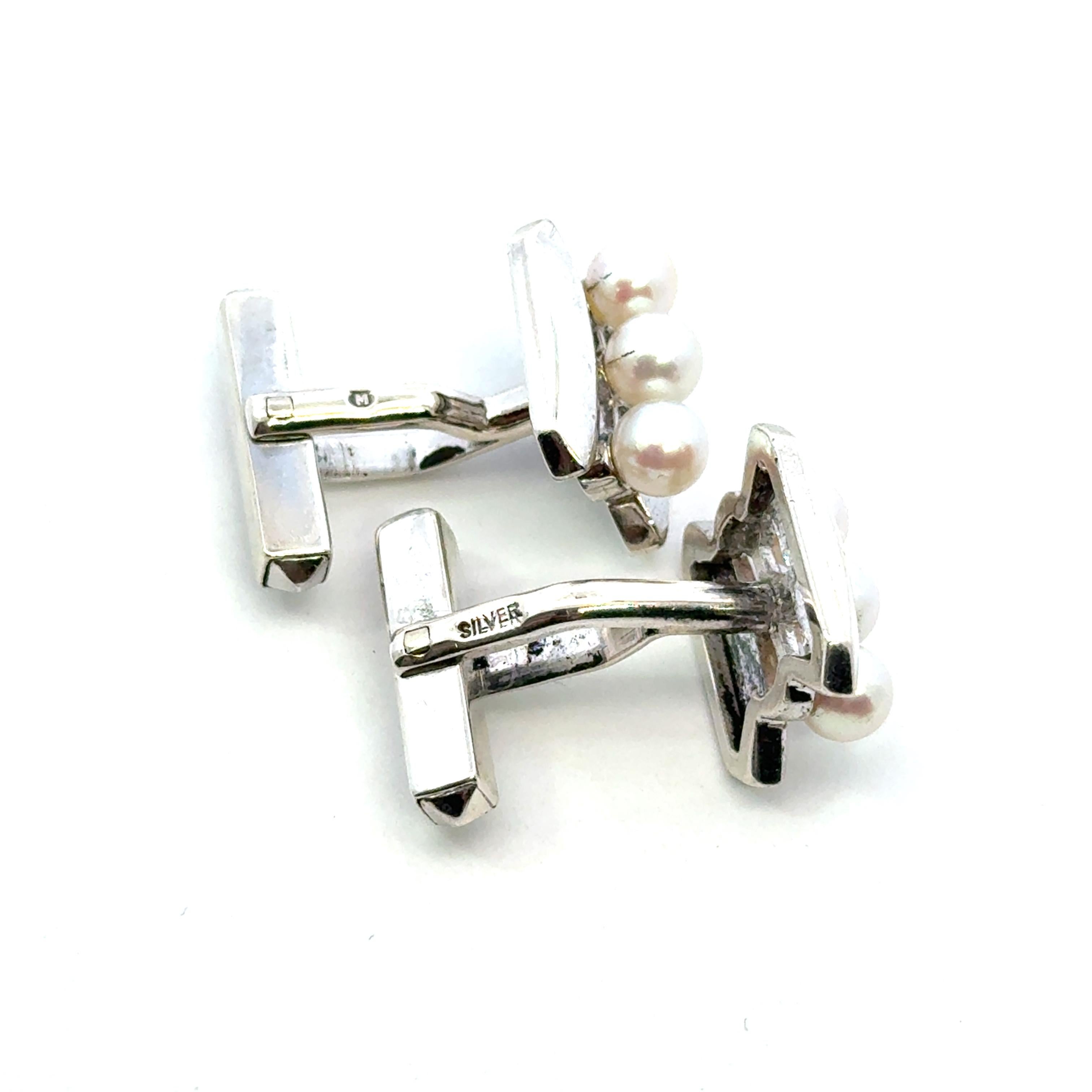 Women's Mikimoto Akoya Pearl Cufflinks Sterling Silver 4.75 mm Estate For Sale
