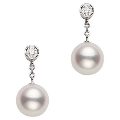 Mikimoto Akoya Pearl & Diamond Drop Earrings with 18k White Gold PEA1031DW For Sale