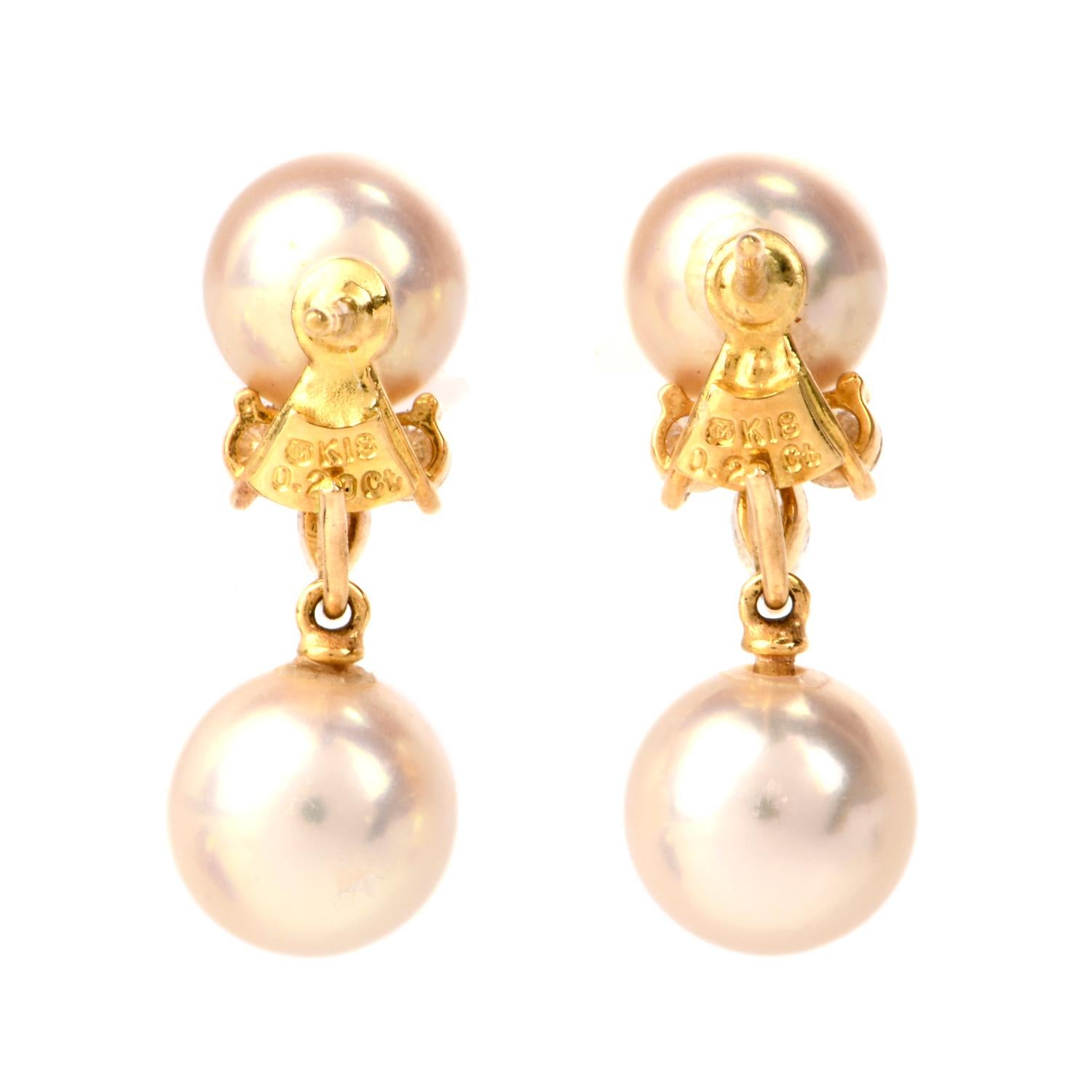 Mikimoto Akoya Pearl Diamond Gold Drop Earrings In Excellent Condition In Miami, FL