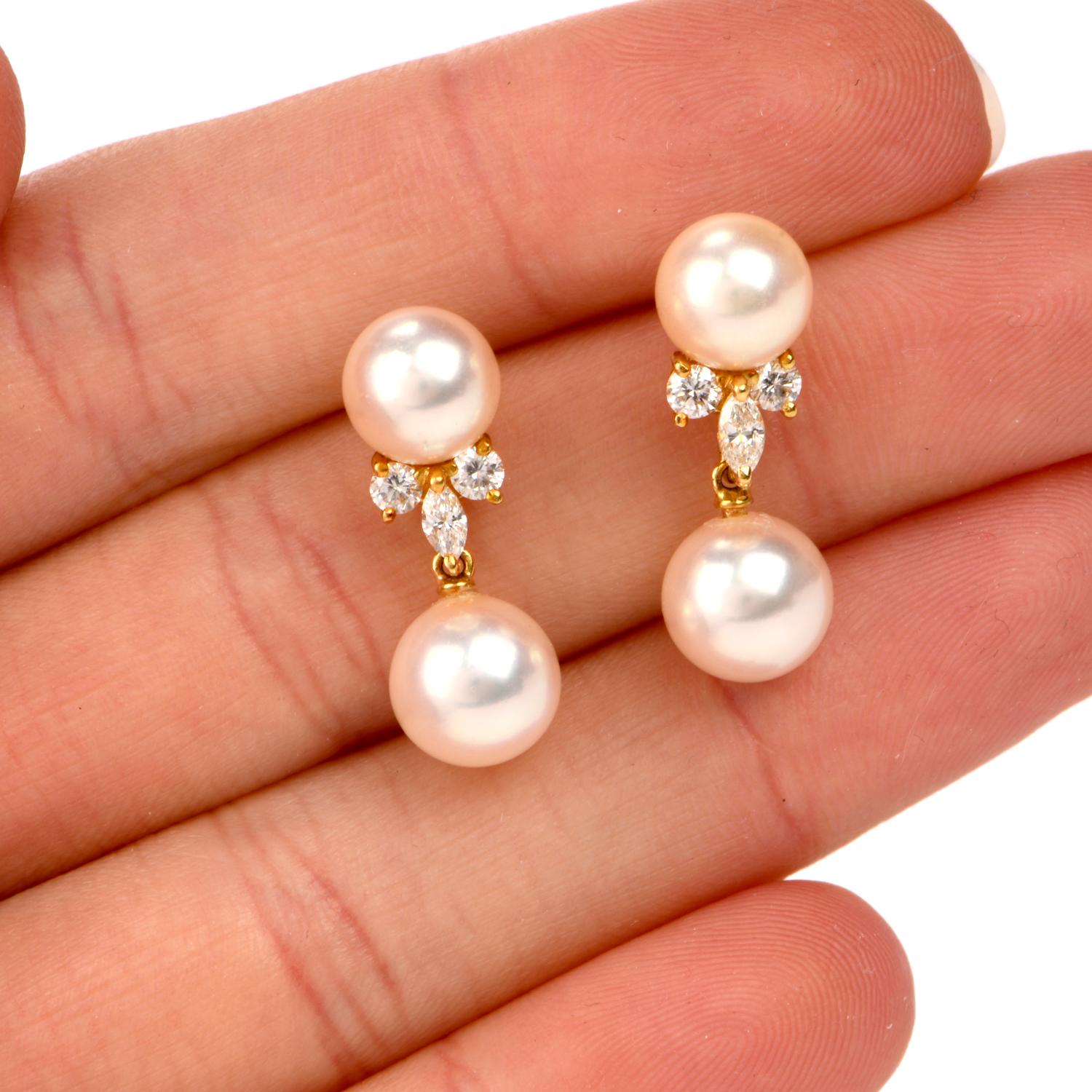 Mikimoto Akoya Pearl Diamond Gold Drop Earrings 1