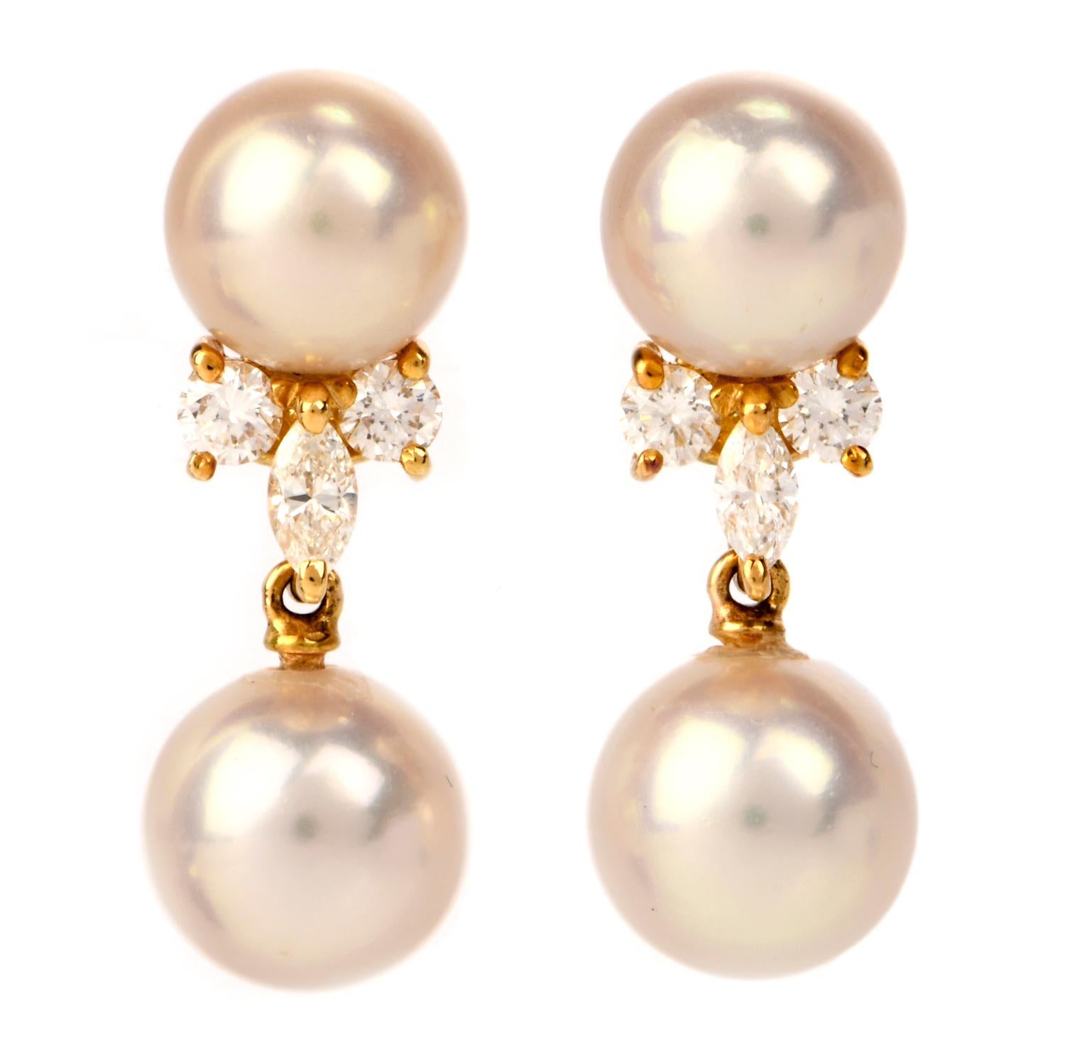 Mikimoto Akoya Pearl Diamond Gold Drop Earrings