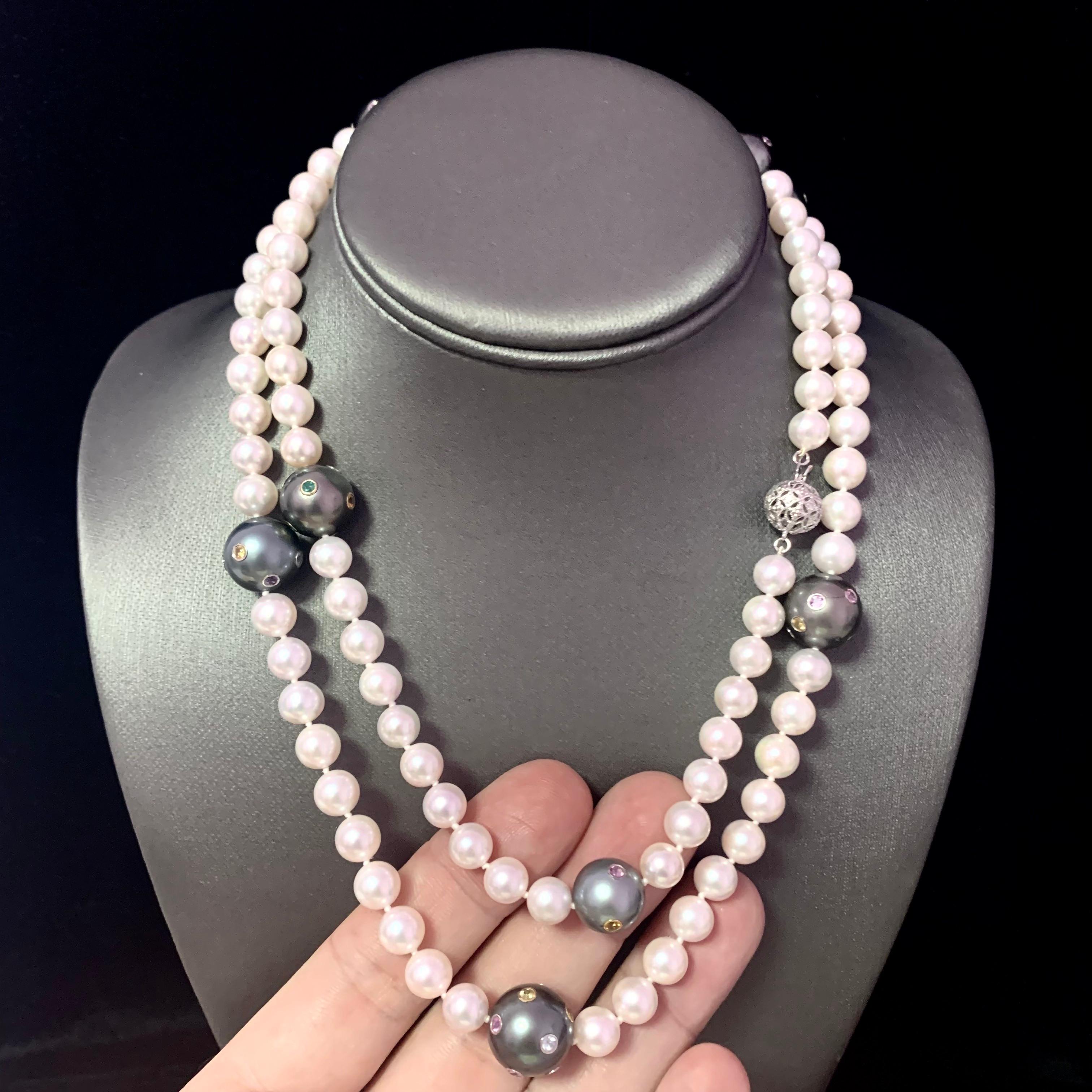 Akoya Collier de perles de Tahiti certifiée, diamants et saphirs, en or 14 carats, 8 mm en vente 6