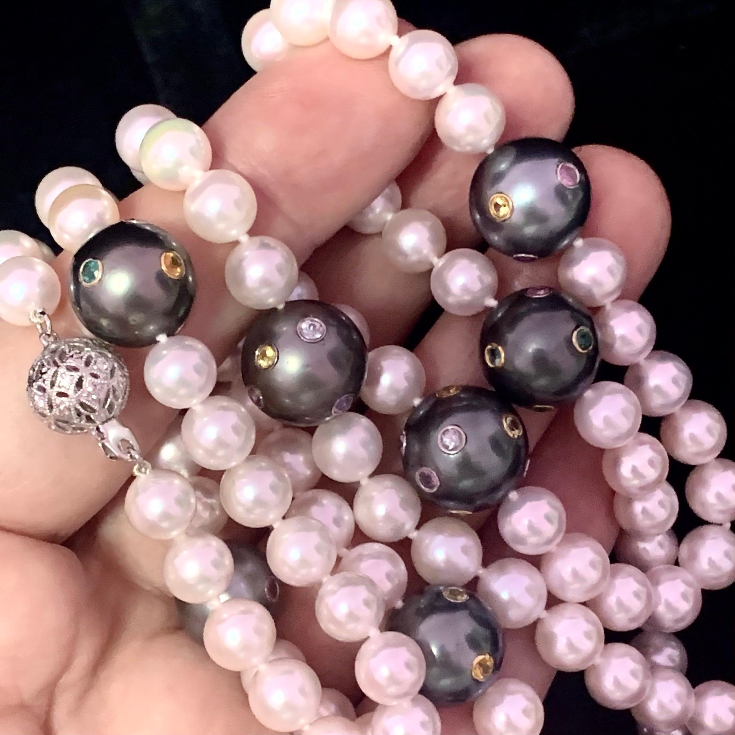 Akoya Collier de perles de Tahiti certifiée, diamants et saphirs, en or 14 carats, 8 mm en vente 7