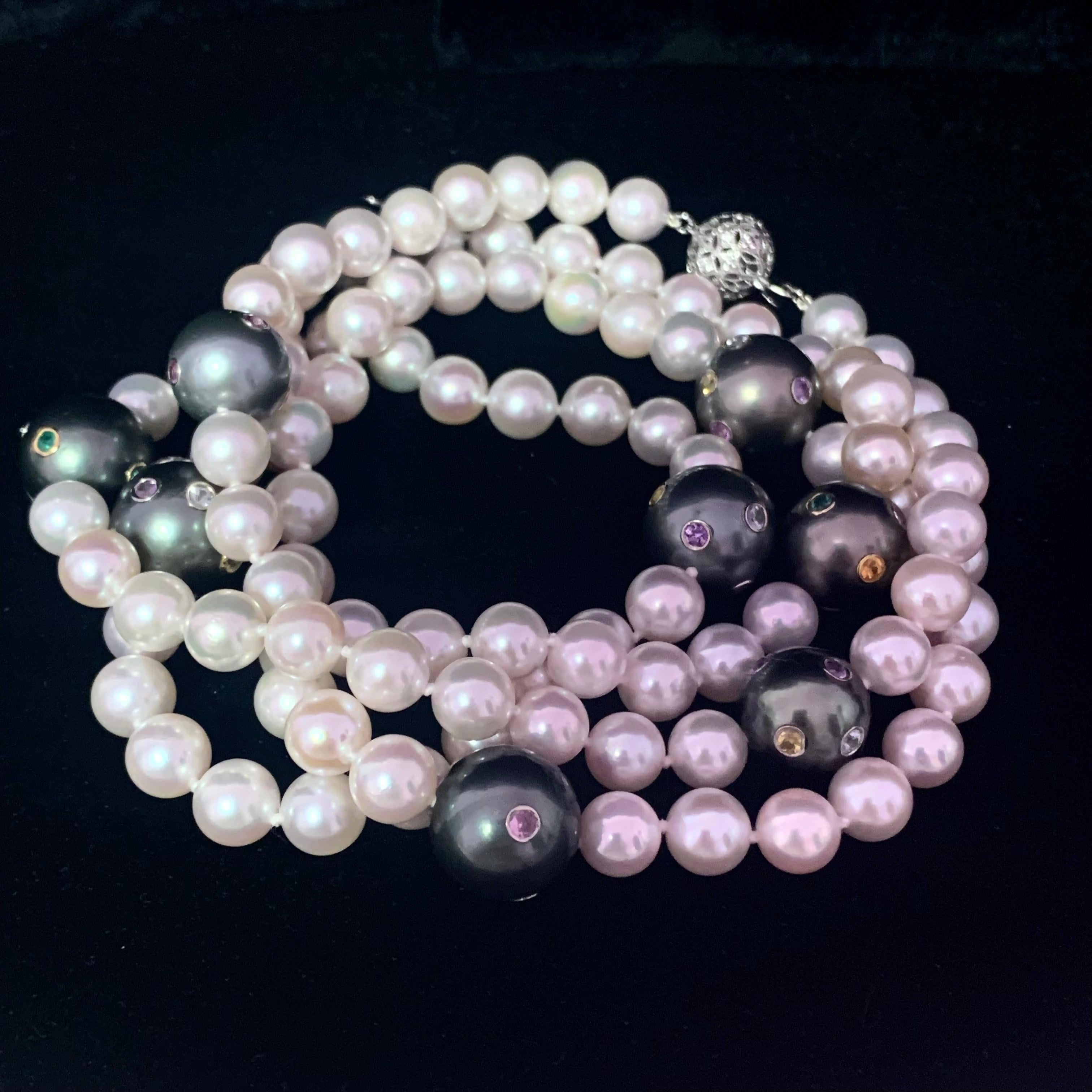 Akoya Collier de perles de Tahiti certifiée, diamants et saphirs, en or 14 carats, 8 mm en vente 8