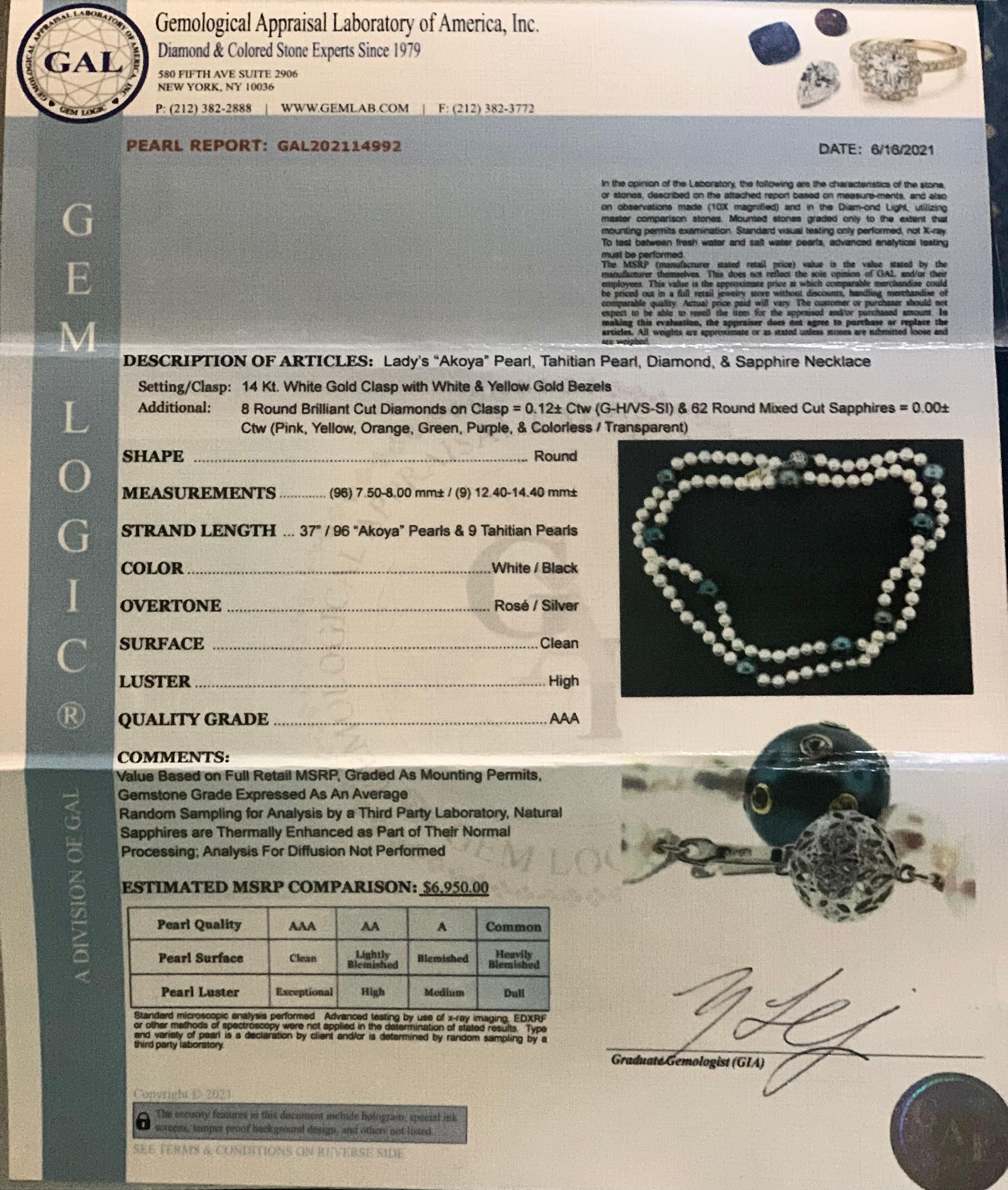 Akoya Collier de perles de Tahiti certifiée, diamants et saphirs, en or 14 carats, 8 mm en vente 9