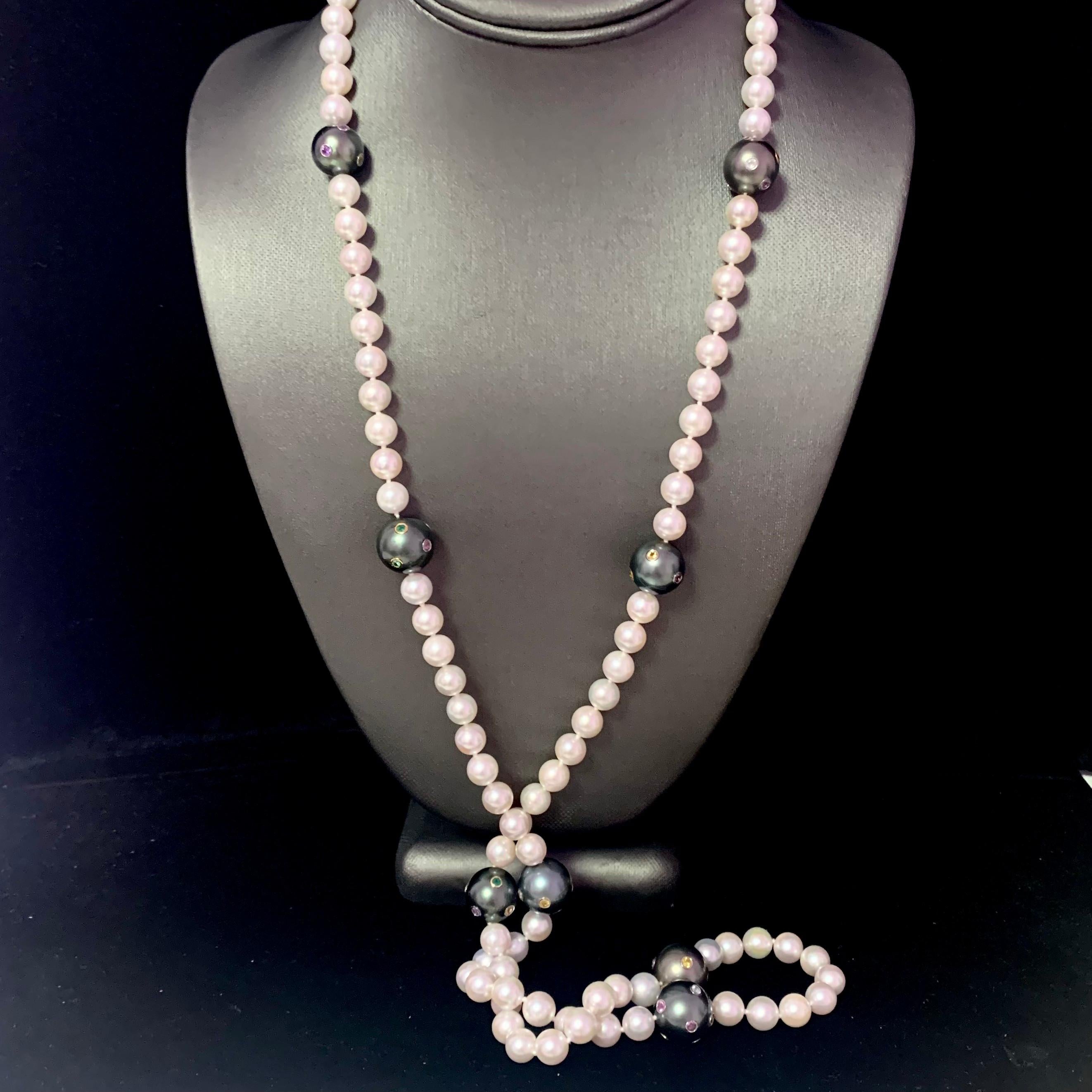Akoya Collier de perles de Tahiti certifiée, diamants et saphirs, en or 14 carats, 8 mm en vente 4