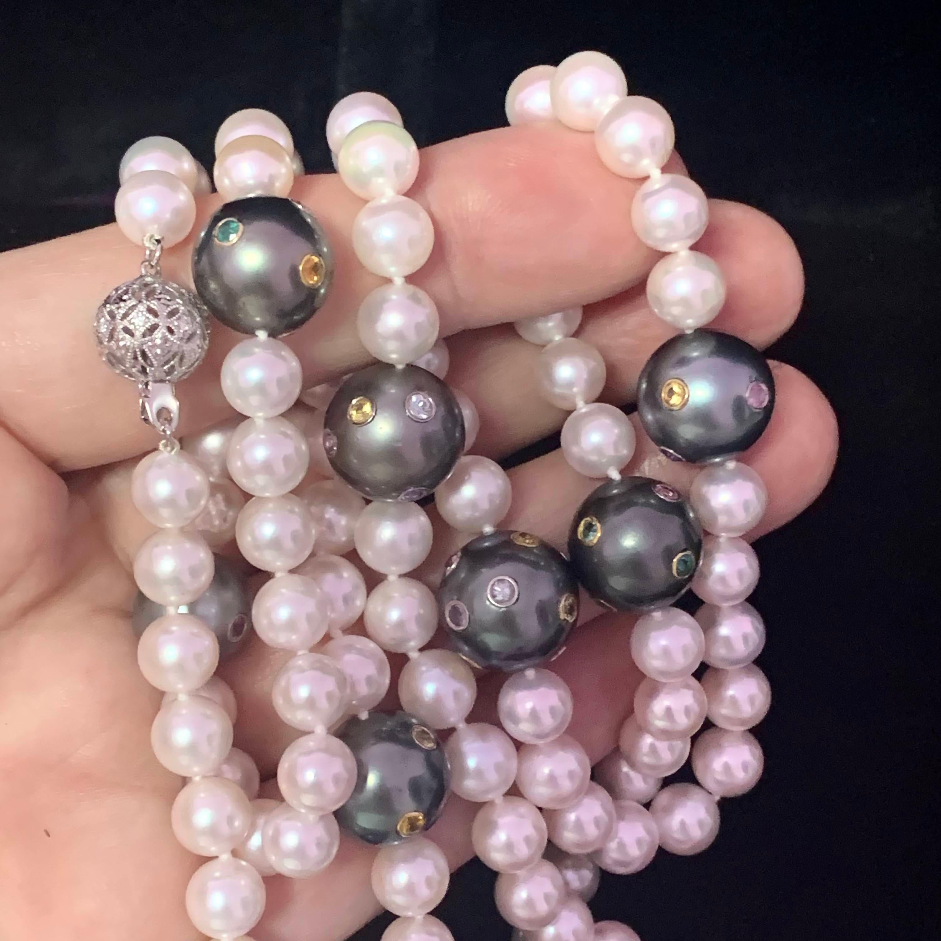 Akoya Collier de perles de Tahiti certifiée, diamants et saphirs, en or 14 carats, 8 mm en vente 5