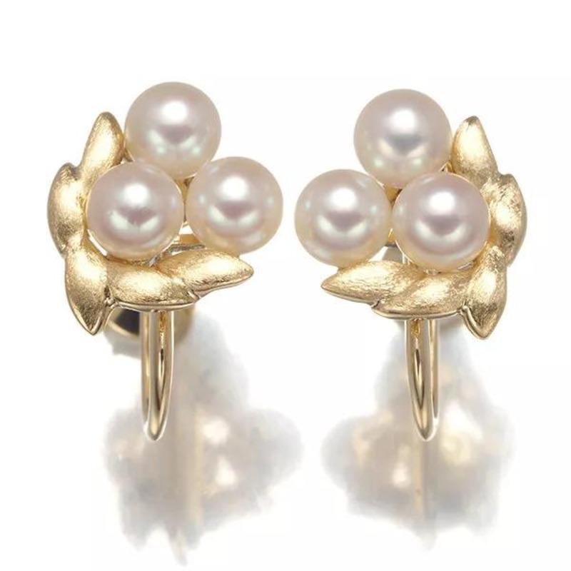 Modern Mikimoto Akoya Pearl Earrings Leaf Textured 14k Yellow Gold For Sale