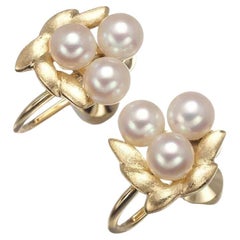Mikimoto Akoya Pearl Earrings Leaf Textured 14k Yellow Gold