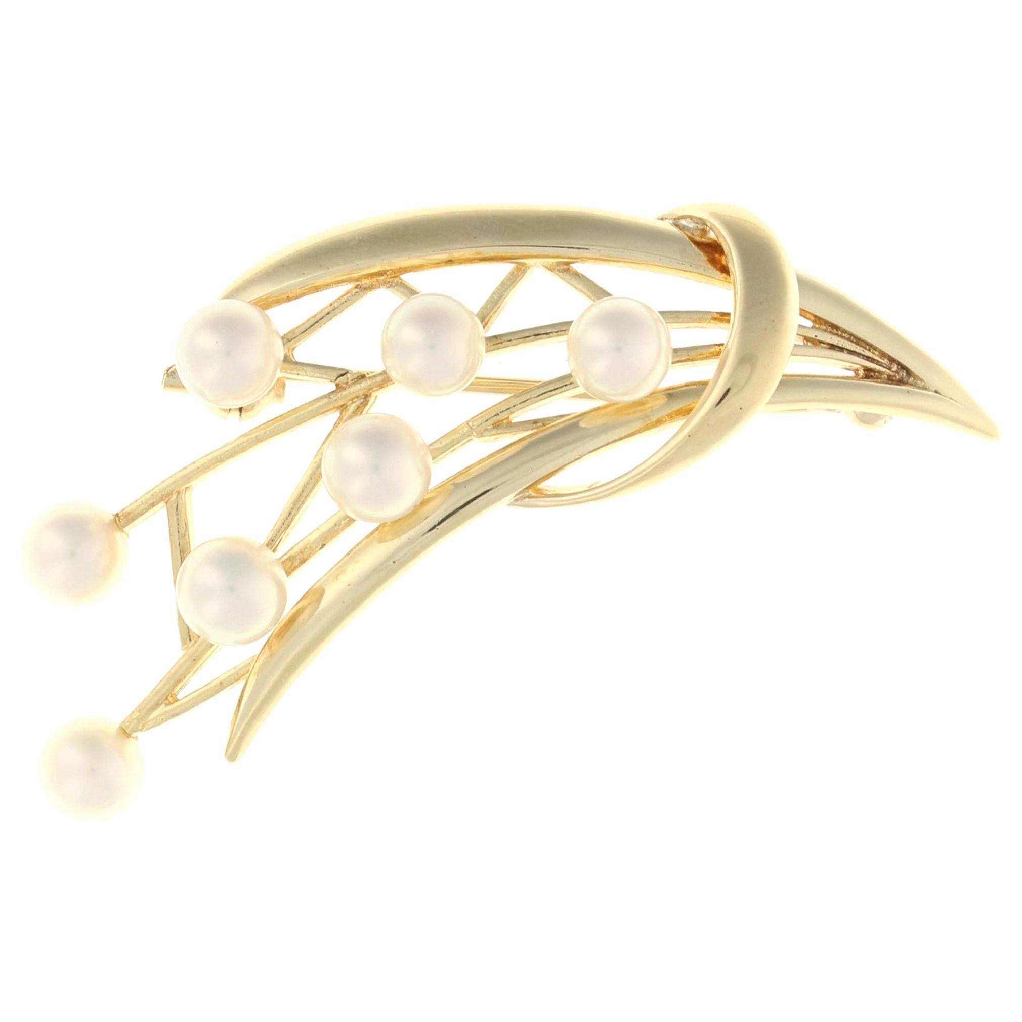 Mikimoto Akoya Pearl Floral Spray Brooch Yellow Gold, 14 Karat Designer Pin