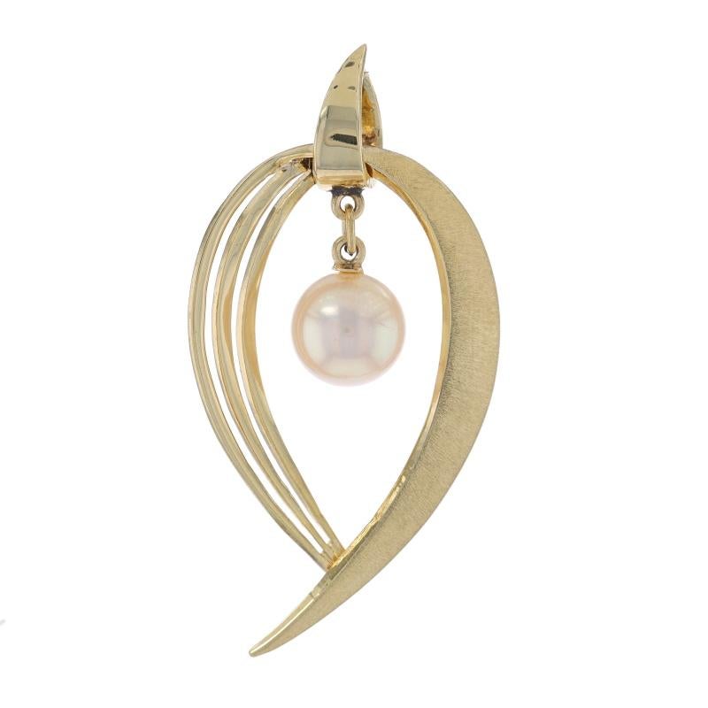 Brand: Mikimoto

Metal Content: 14k Yellow Gold

Stone Information
Akoya Pearl
Color: Cream
Diameter: 7.1mm

Style: Dangle
Theme: Leaf
Features: Smoothly Finished Open Cut Design with Brushed Detailing

Measurements
Tall (from stationary bail): 1