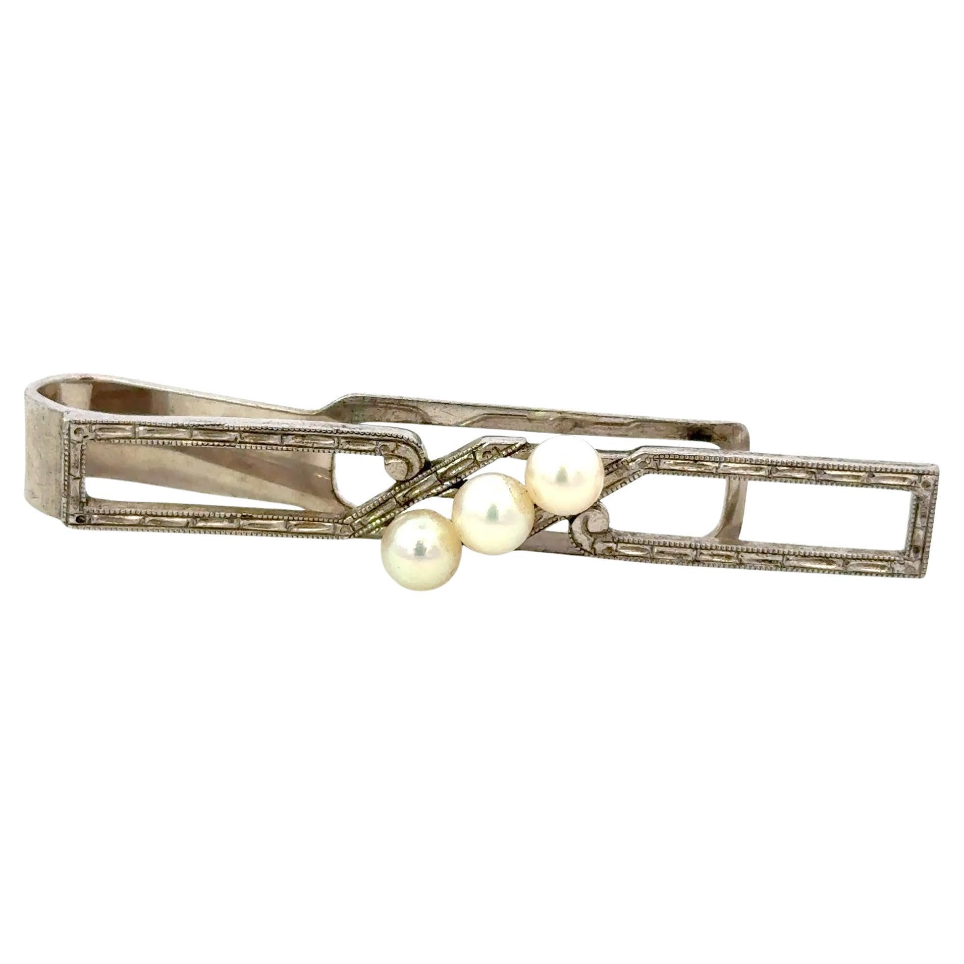 Mikimoto Akoya Pearl Mens Tie Clip 5 mm Sterling Silver Estate