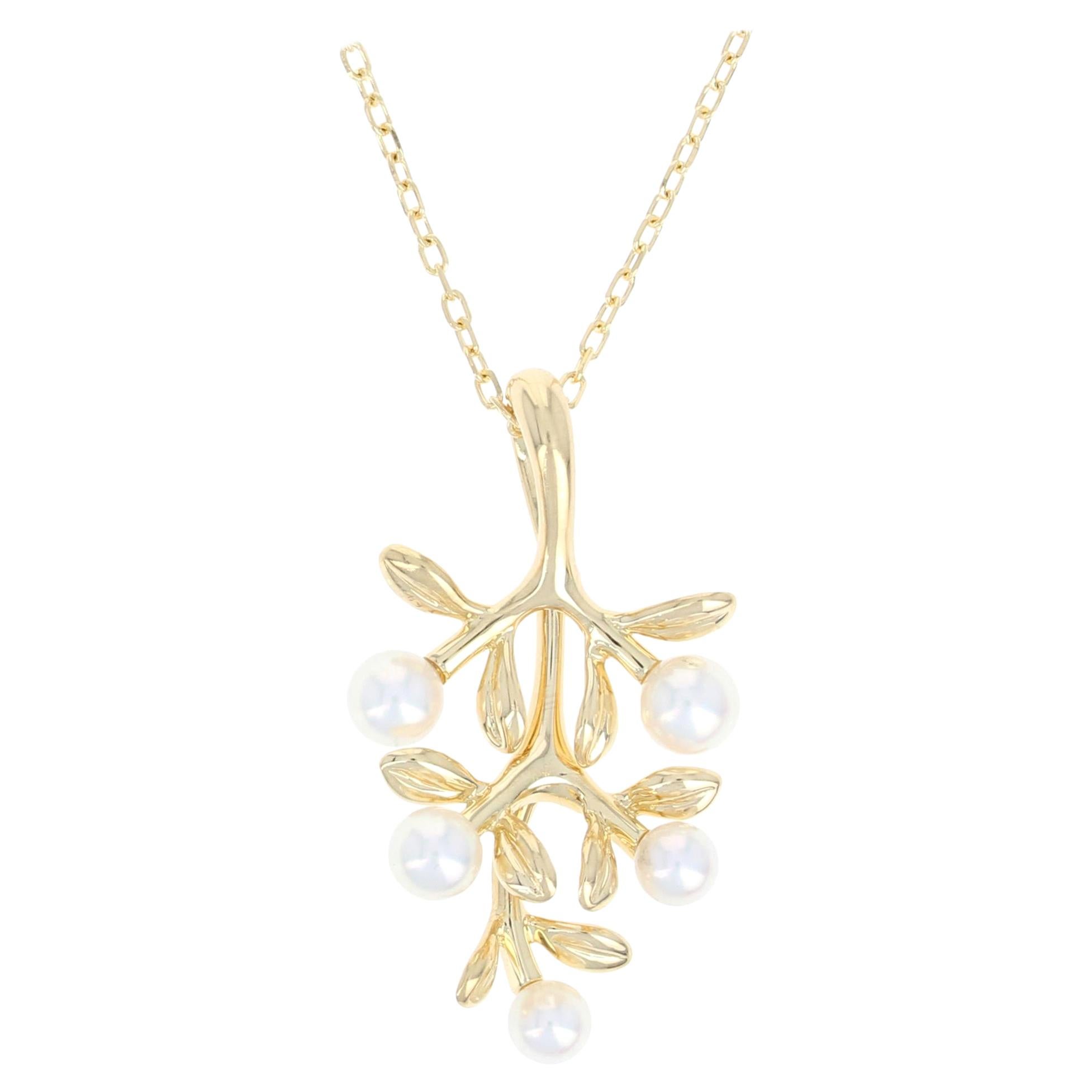 Mikimoto Akoya Pearl Olive Branch Pendant Necklace, 18 Karat Yellow Gold
