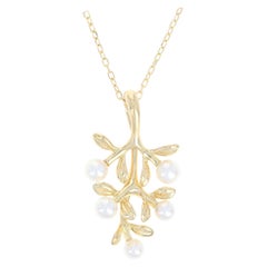 Vintage Mikimoto Akoya Pearl Olive Branch Pendant Necklace, 18 Karat Yellow Gold