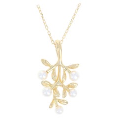 Mikimoto Akoya Pearl Olive Branch Pendant Necklace, 18 Karat Yellow Gold