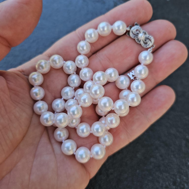 Collier Perles De Culture Akoya 40cm, Or Blanc 18 Carats, Fermoir Diamants, 42g, Occasion Très Bon état