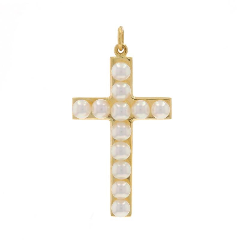 Brand: Mikimoto

Metal Content: 18k Yellow Gold

Stone Information

Akoya Pearls

Theme: Christian Cross, Religious Symbol

Measurements

Tall (from stationary bail): 1 1/8