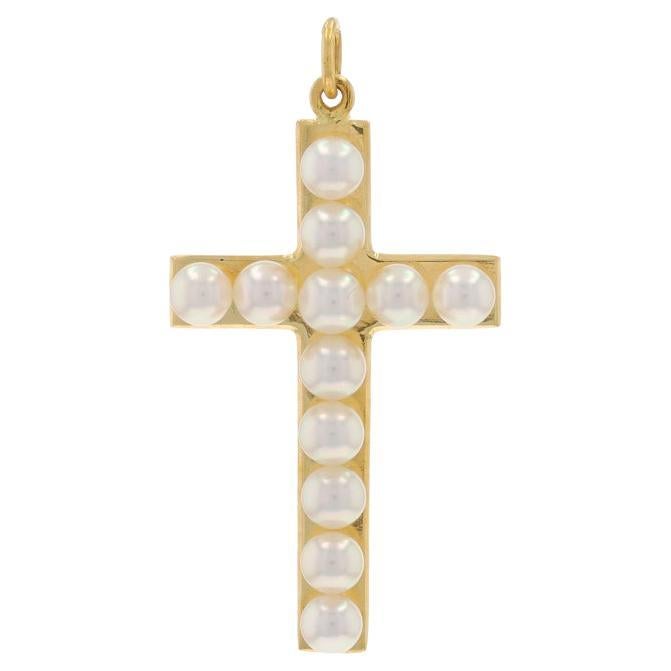 Mikimoto Akoya Pearls Christian Cross Pendant Yellow Gold 18k Religious Symbol For Sale