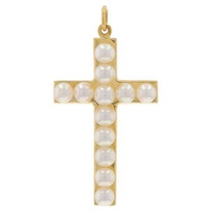 Mikimoto Akoya Pearls Christian Cross Pendant Yellow Gold 18k Religious Symbol
