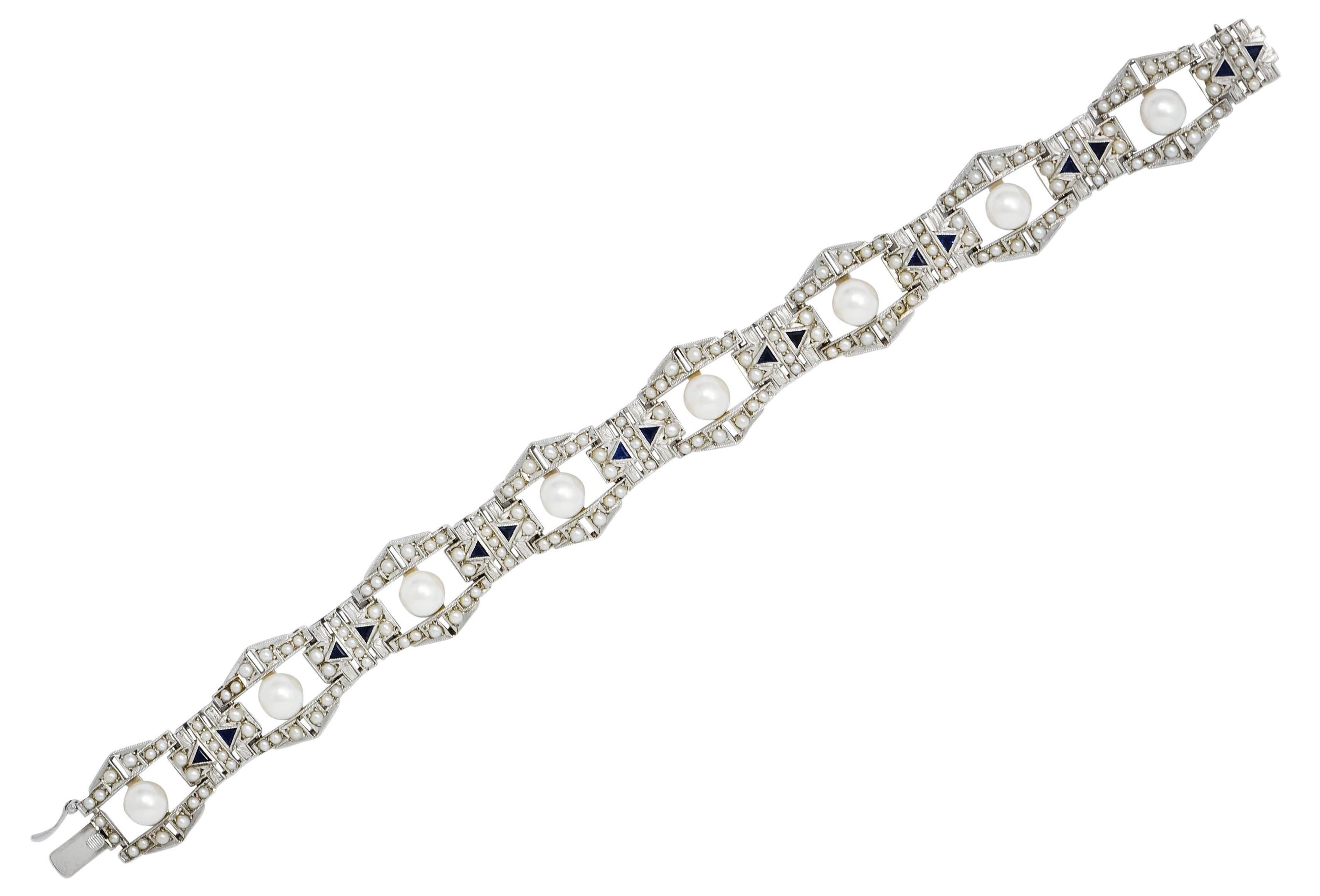 Mikimoto Art Deco Pearl Sapphire 9 Karat White Gold Link Bracelet, circa 1930 7