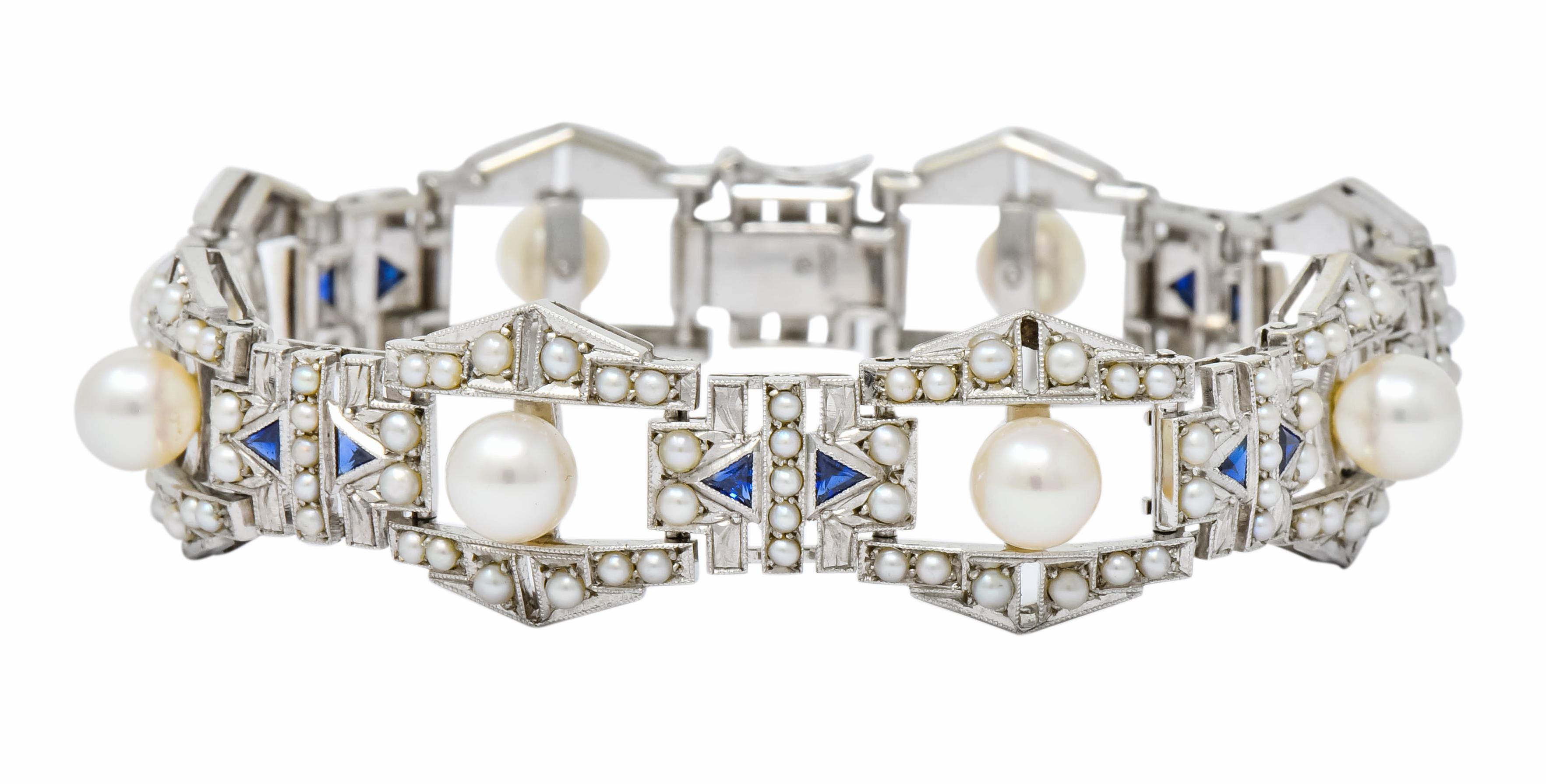 Mikimoto Art Deco Pearl Sapphire 9 Karat White Gold Link Bracelet, circa 1930 In Excellent Condition In Philadelphia, PA