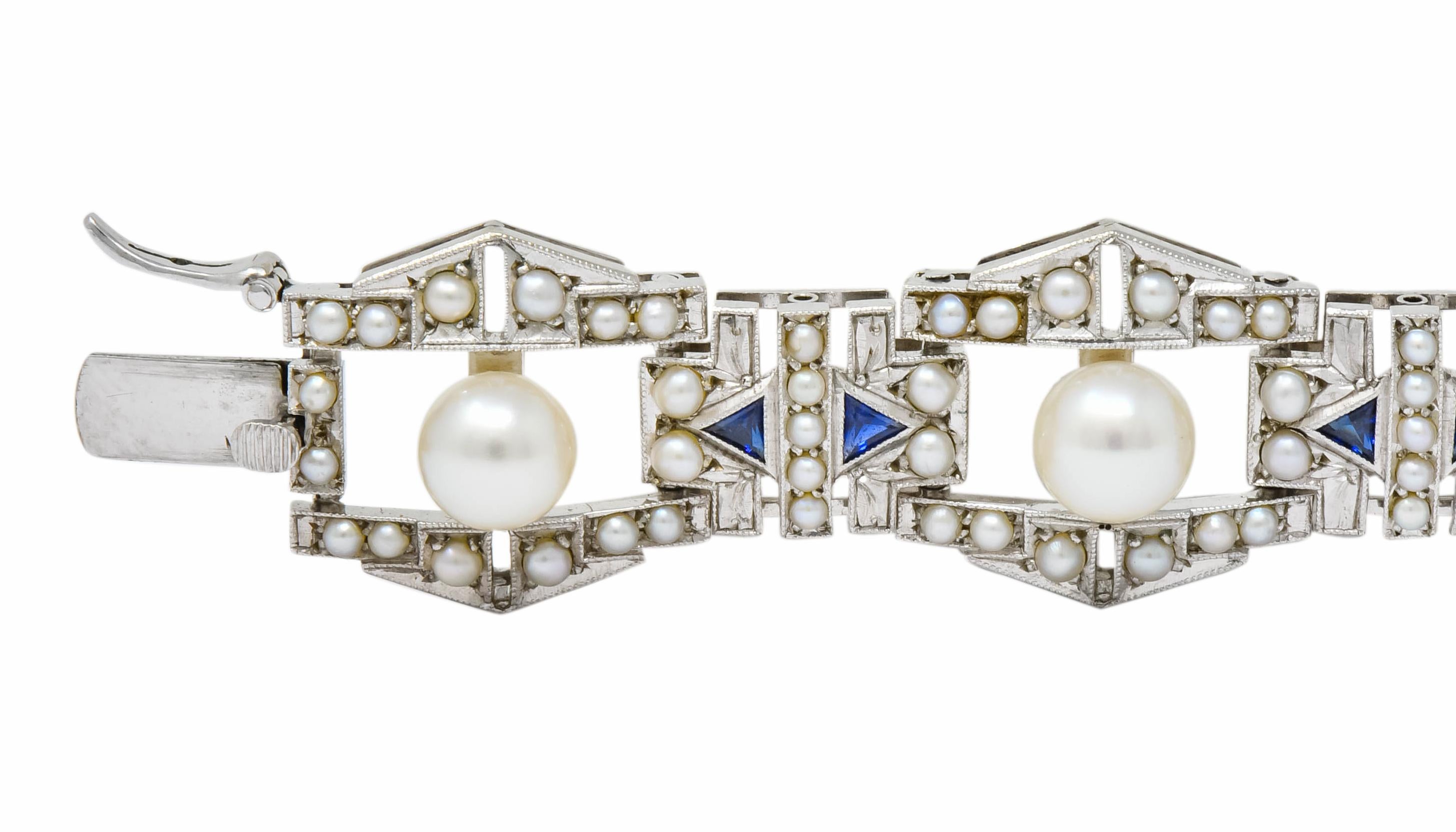 Women's or Men's Mikimoto Art Deco Pearl Sapphire 9 Karat White Gold Link Bracelet, circa 1930