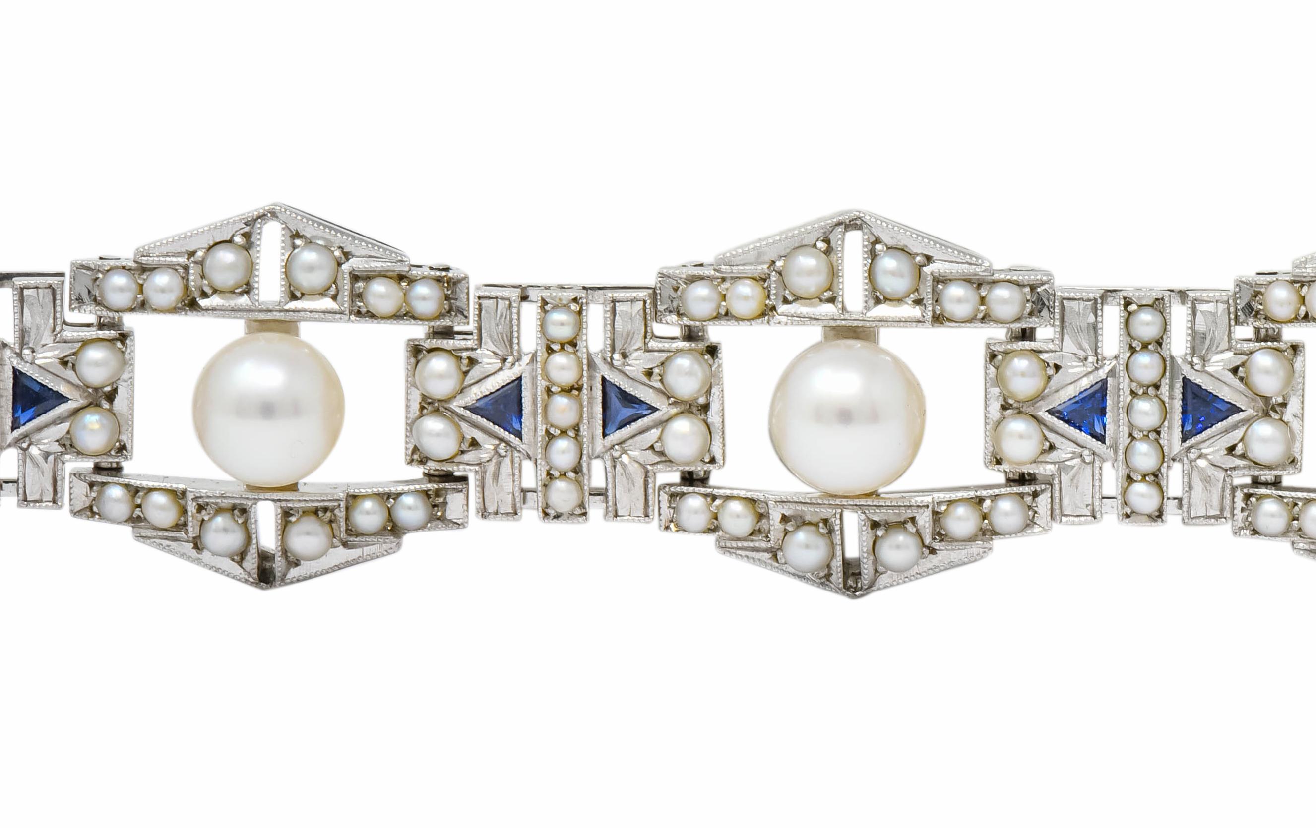 Mikimoto Art Deco Pearl Sapphire 9 Karat White Gold Link Bracelet, circa 1930 1