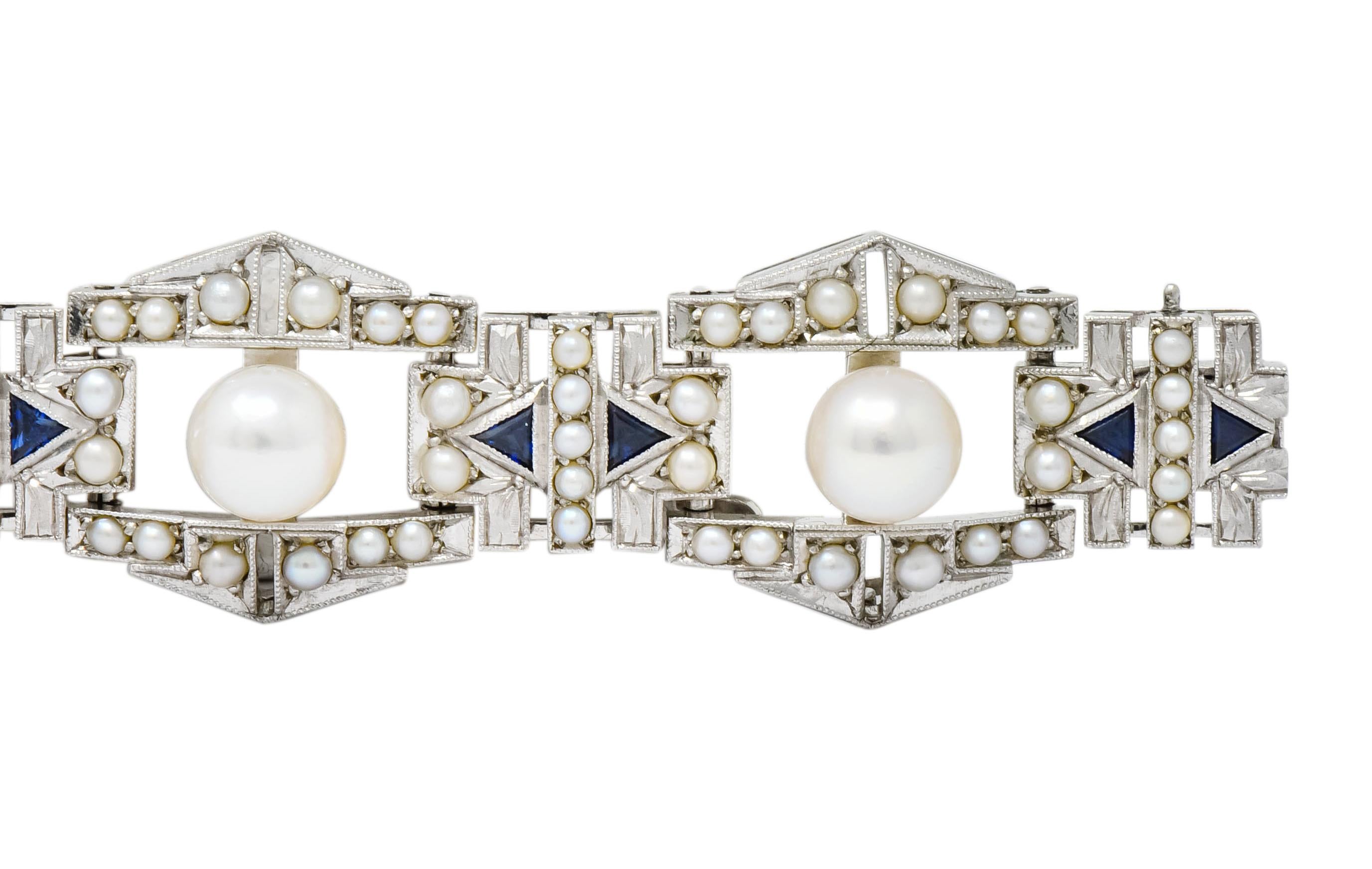 Mikimoto Art Deco Pearl Sapphire 9 Karat White Gold Link Bracelet, circa 1930 2