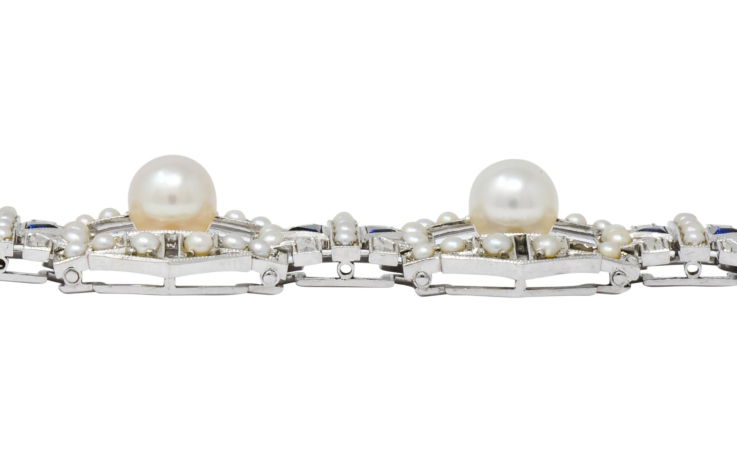 Mikimoto Art Deco Pearl Sapphire 9 Karat White Gold Link Bracelet, circa 1930 5