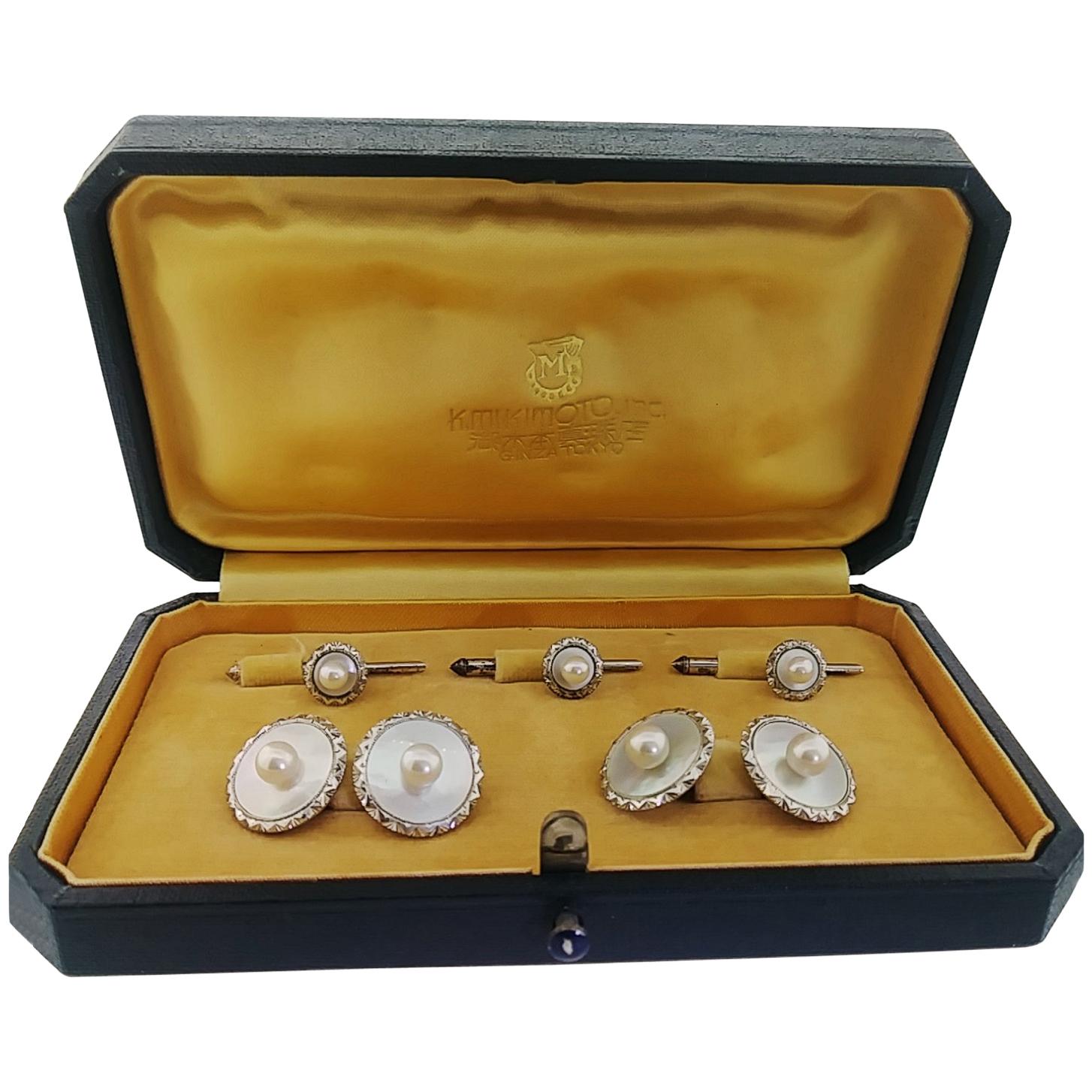 Mikimoto Art Deco Silver Mother-of-Pearl Cufflinks and Shirt Stud Set