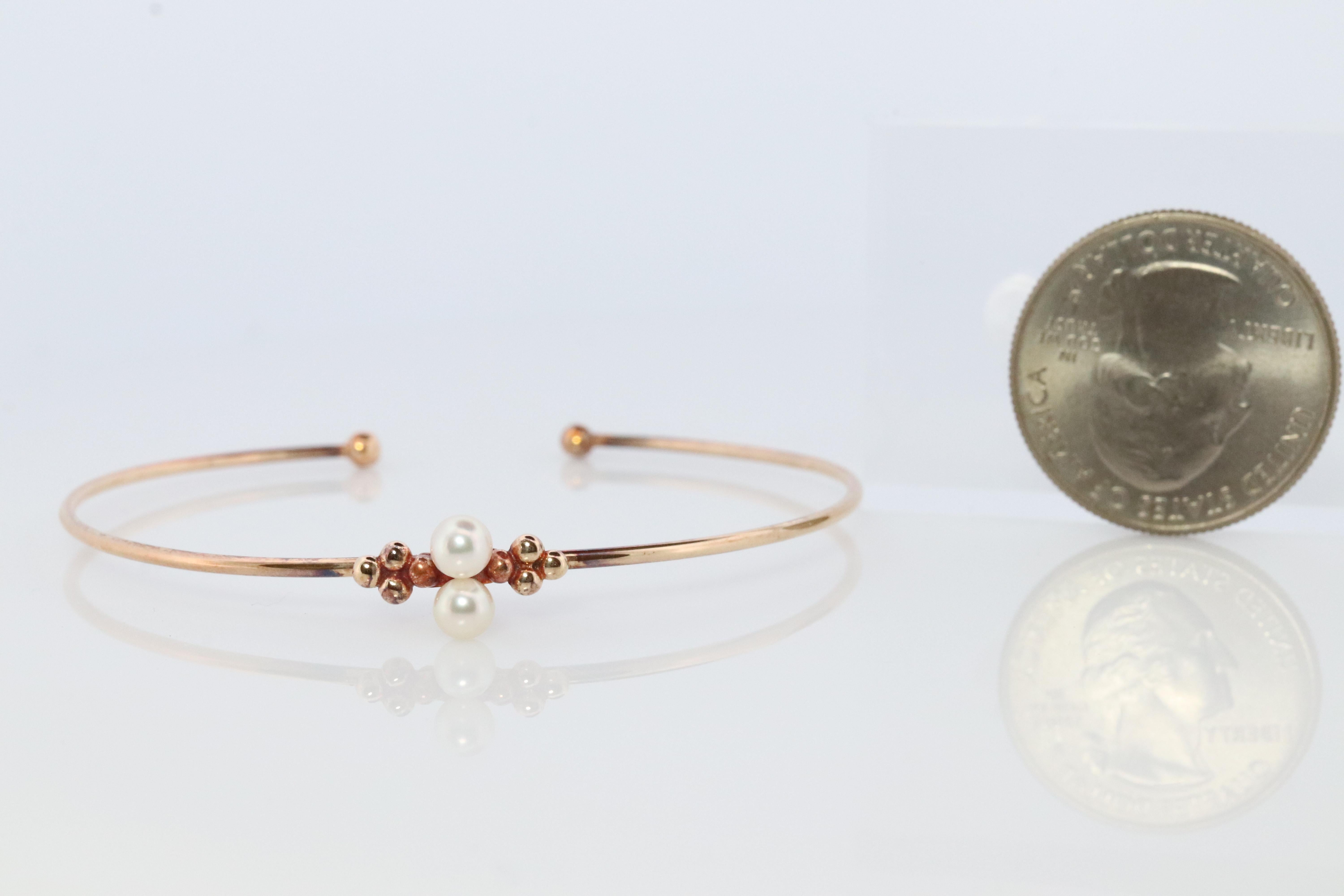 Round Cut Mikimoto Bangle. Vintage 14k Gold Mikimoto Pearl Bangle Bracelet Dainty. For Sale