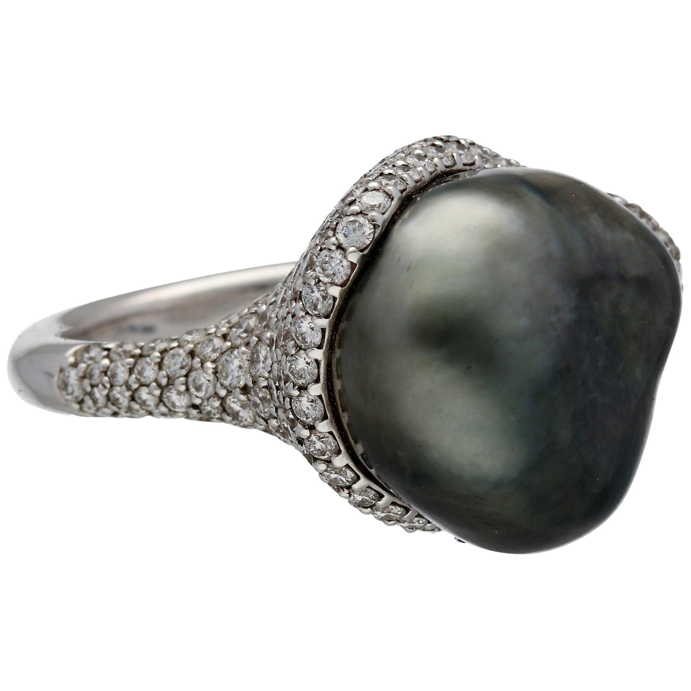 Tahitian South Sea Cultured Pearl Ring For Women - Black Pearl & Sterling Silver With Crystals (The Pearl Source)