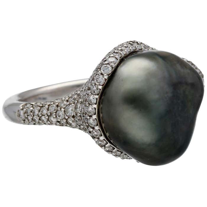 Tahitian South Sea Cultured Pearl Ring For Women - Black Pearl & Sterling Silver With Crystals (The Pearl Source)