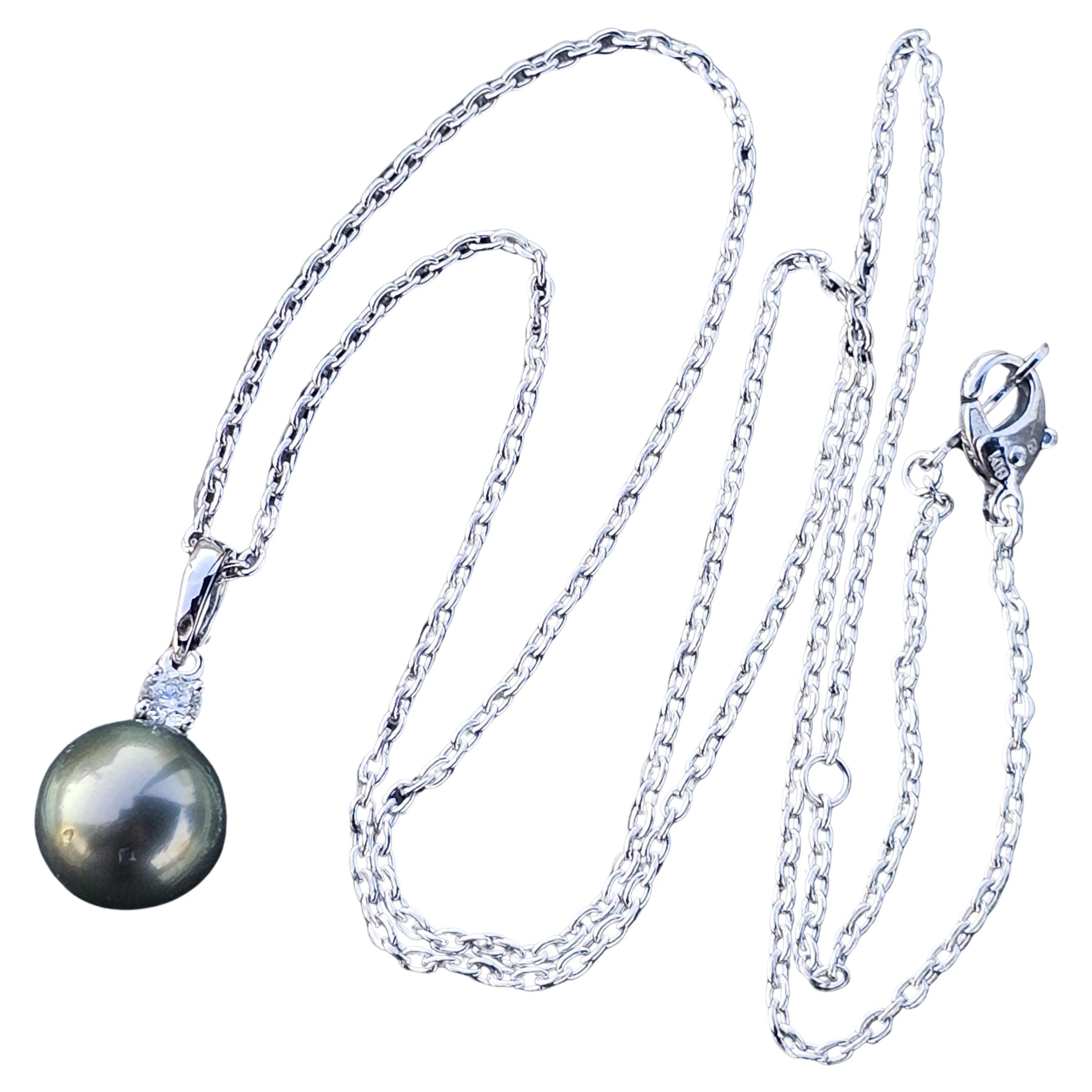 Mikimoto Black South Sea 9mm Pearl Pendant .10ct Diamond 18k White Gold 5.3g 18" en venta