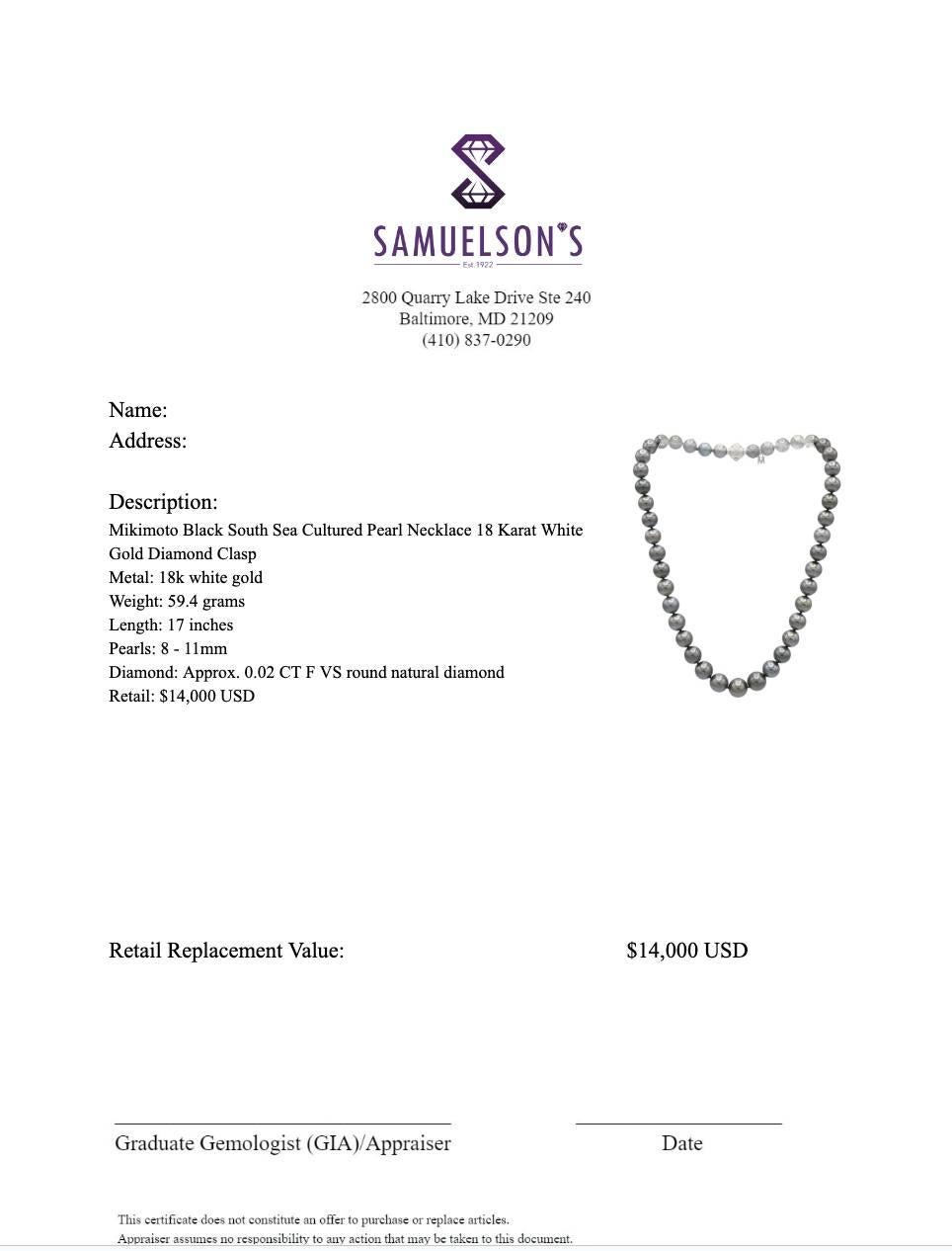 Women's or Men's Mikimoto Black South Sea Cultured Pearl Necklace White Gold Diamond Clasp 