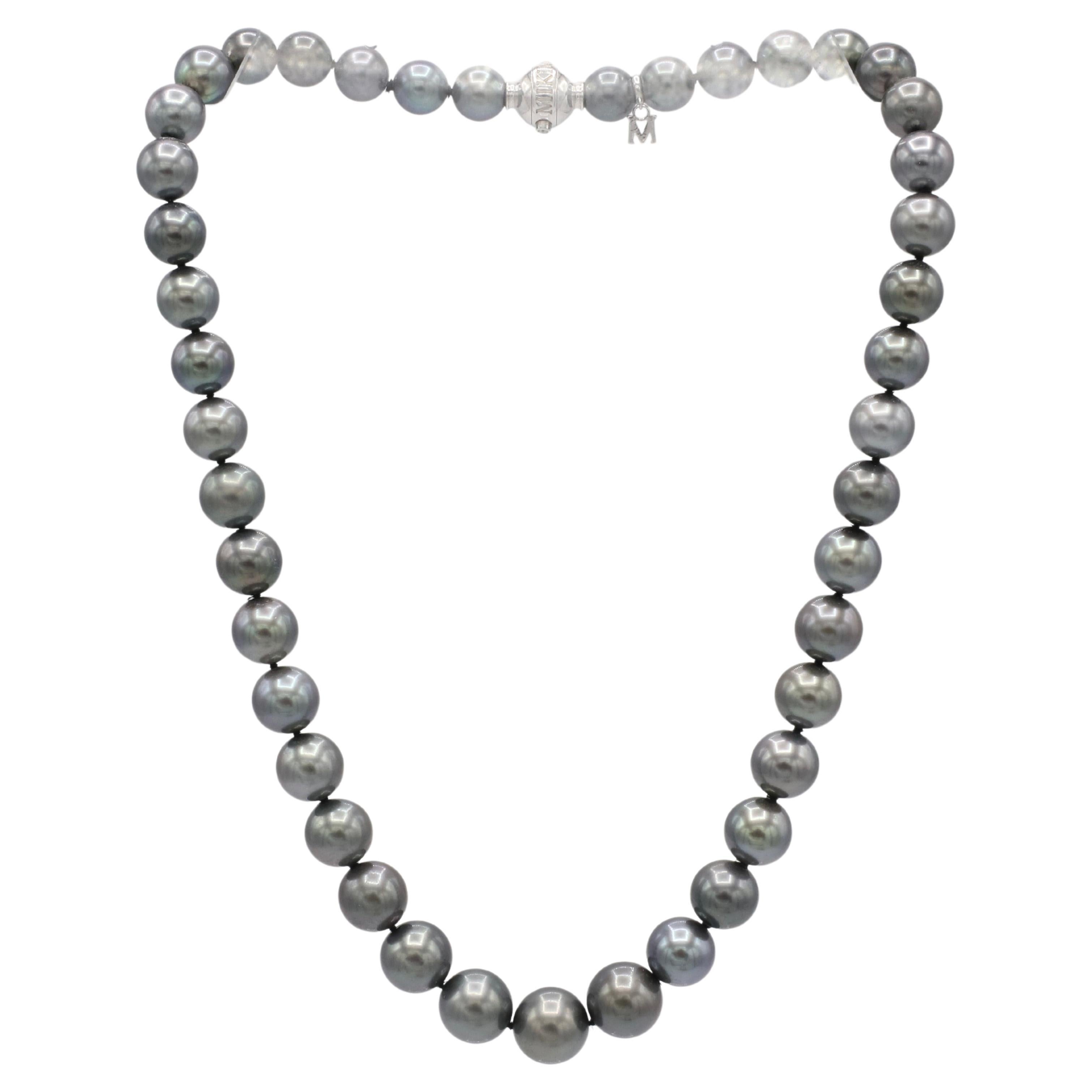 Mikimoto Black South Sea Cultured Pearl Necklace White Gold Diamond Clasp 