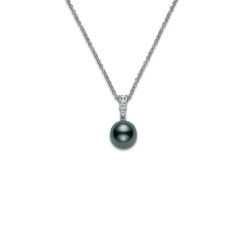 Mikimoto Morning Dew Black South Sea Cultured Pearl Pendant in 18K White Gold. 
With a delicate design of gemstones and pearls, the Morning Dew collection mimics the subtle glimmer of nature's dew drops. The chain of this necklace is 18-inches long,