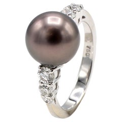 Mikimoto Black South Sea Pearl & Diamond 18 Karat White Gold Ring