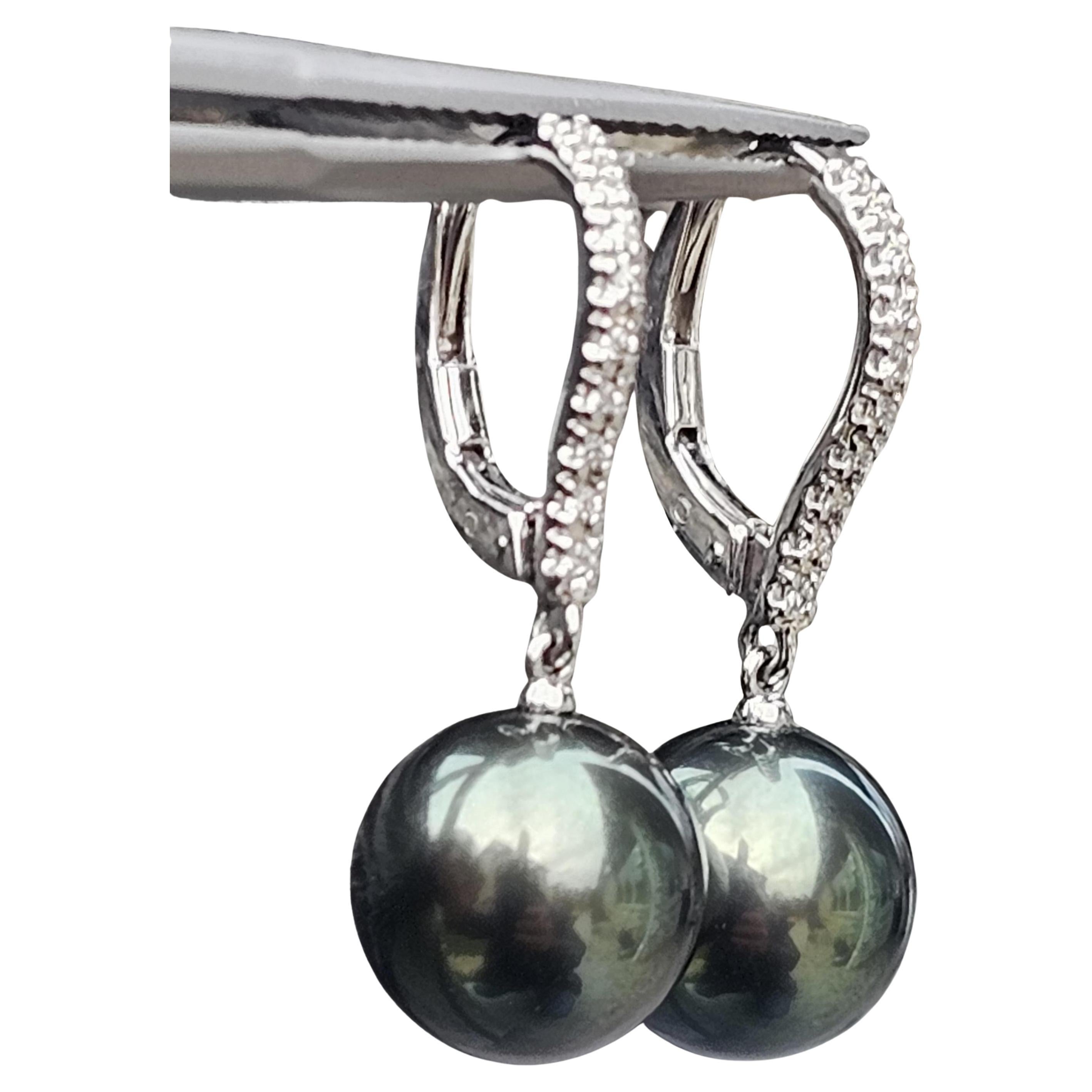 Mikimoto Black South Sea Pearl Diamond Drop Dangle Earrings 18k White Gold 4.9g in vendita