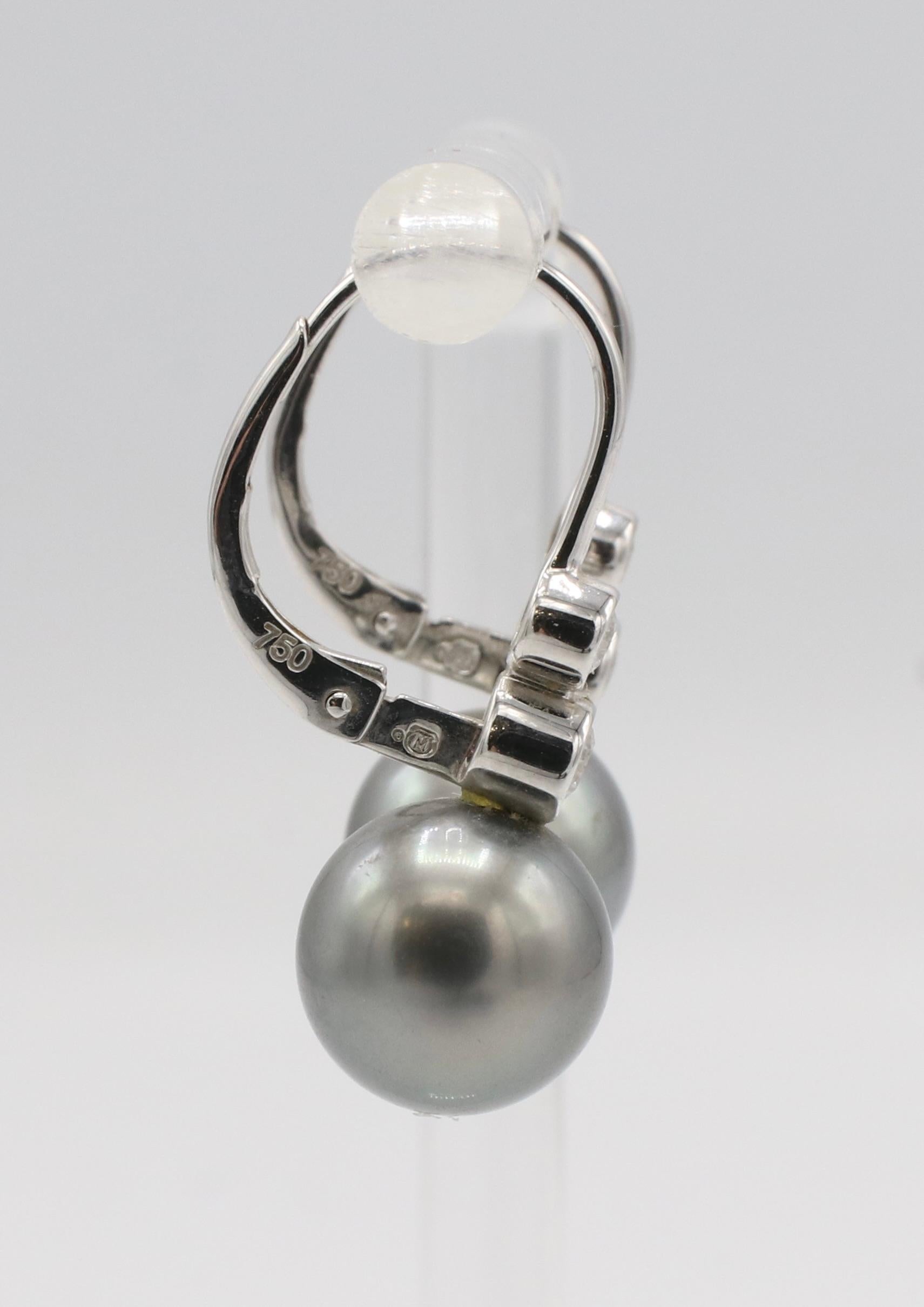 Round Cut Mikimoto Black South Sea Pearl & Natural Diamond 18K White Gold Drop Earrings For Sale